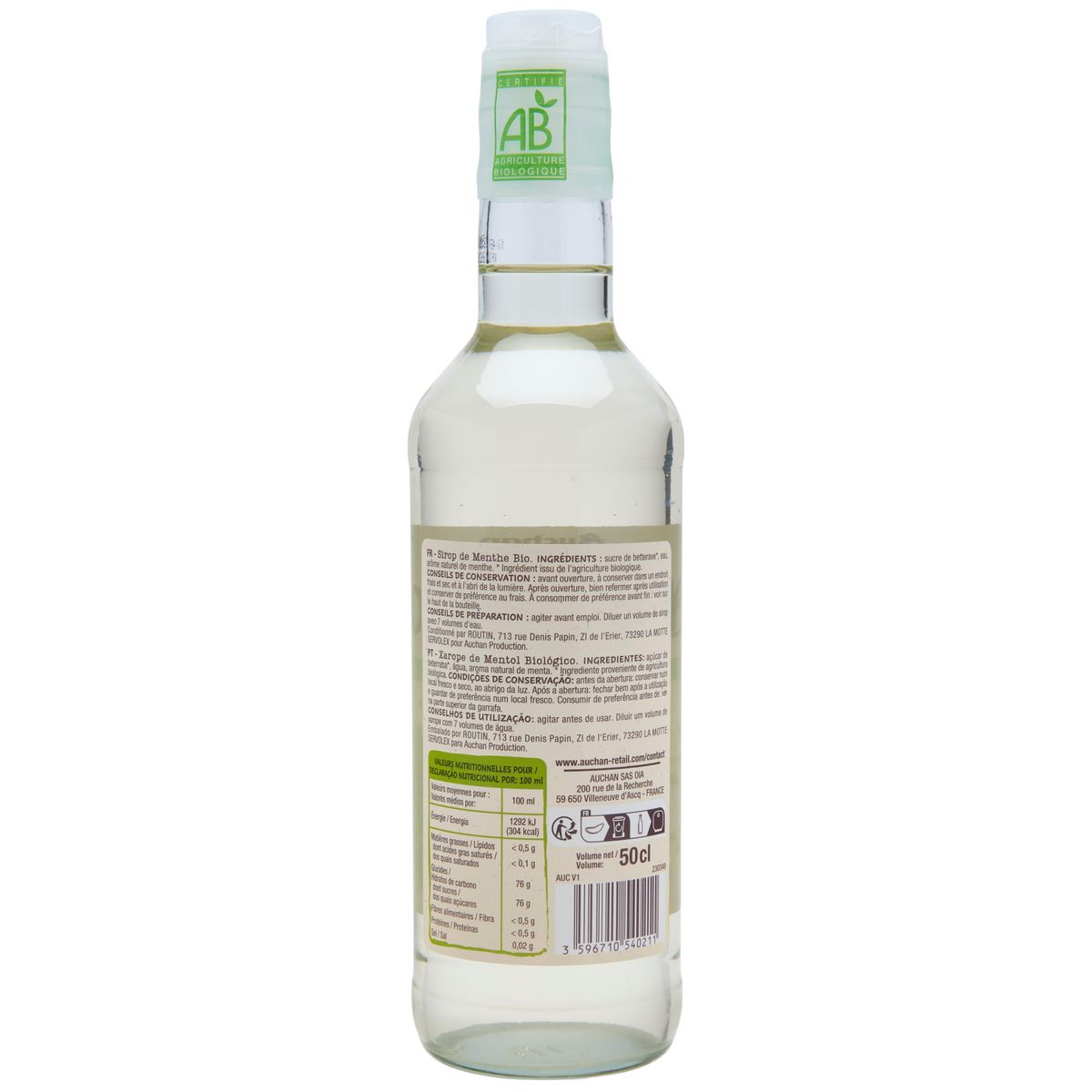 AUCHAN BIO Sirop de menthe bouteille verre 50cl
