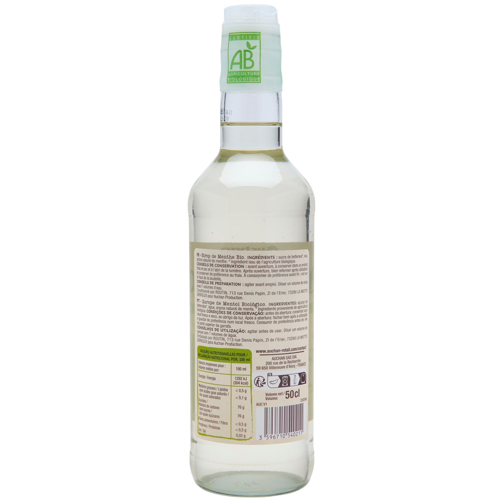 Voir la diapositive 2 : AUCHAN BIO Sirop de menthe bouteille verre 50cl