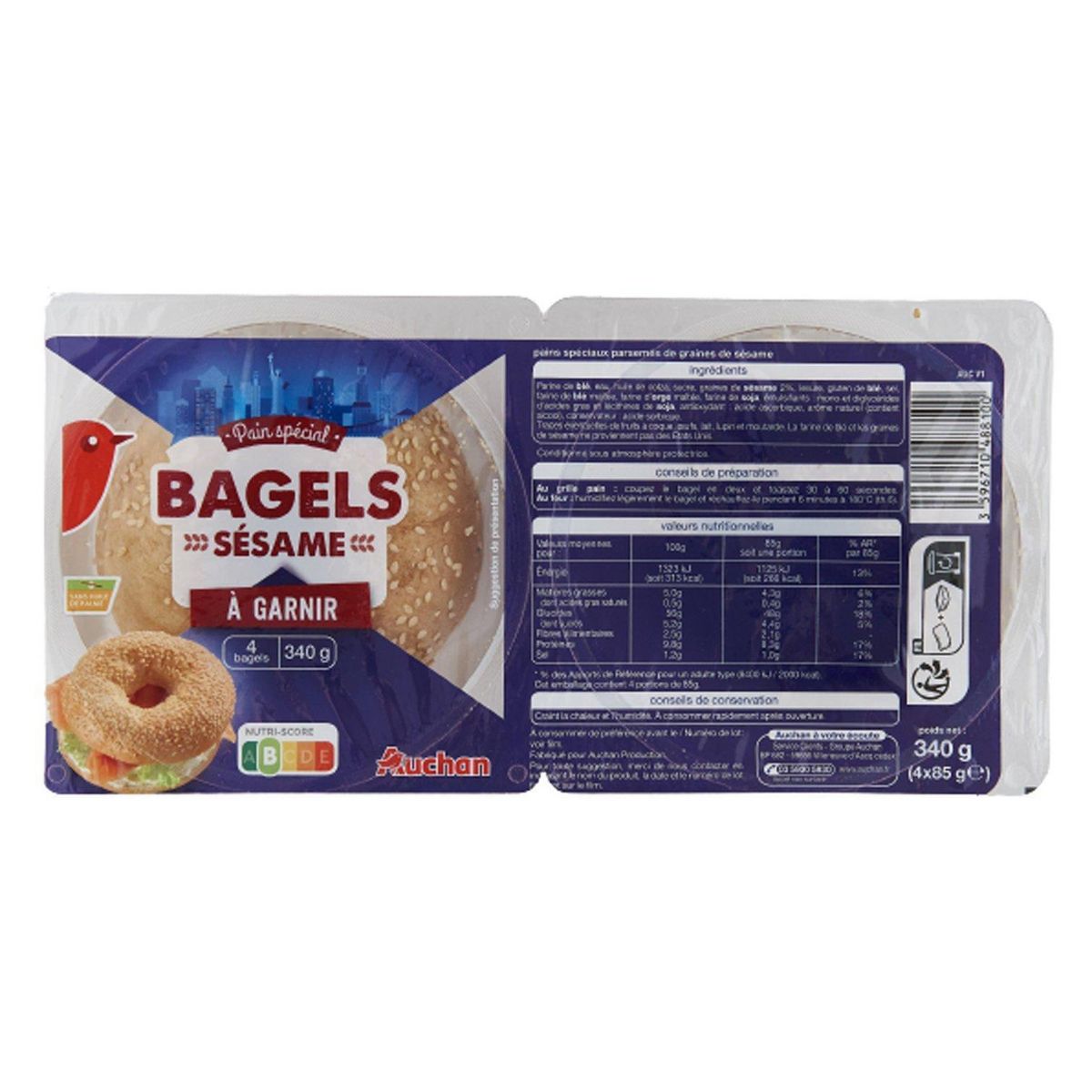 AUCHAN Pain spécial bagels parsemé de graines de sésame à garnir 4 pièces 340g
