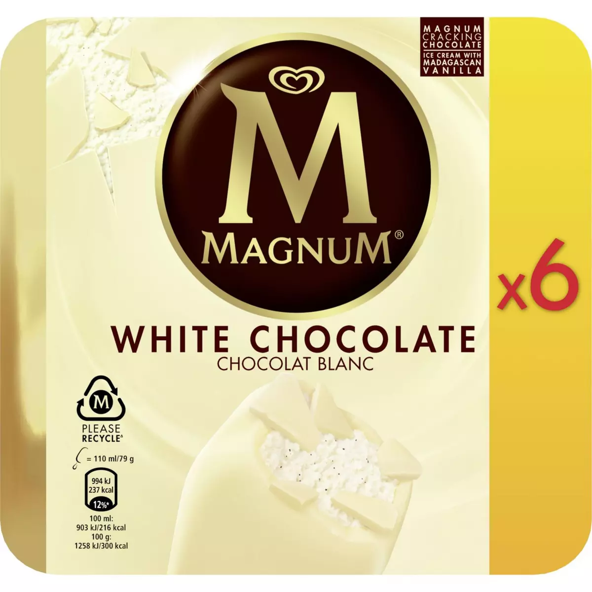 MAGNUM Bâtonnet glacé vanille enrobé de chocolat blanc 6 pièces 470g