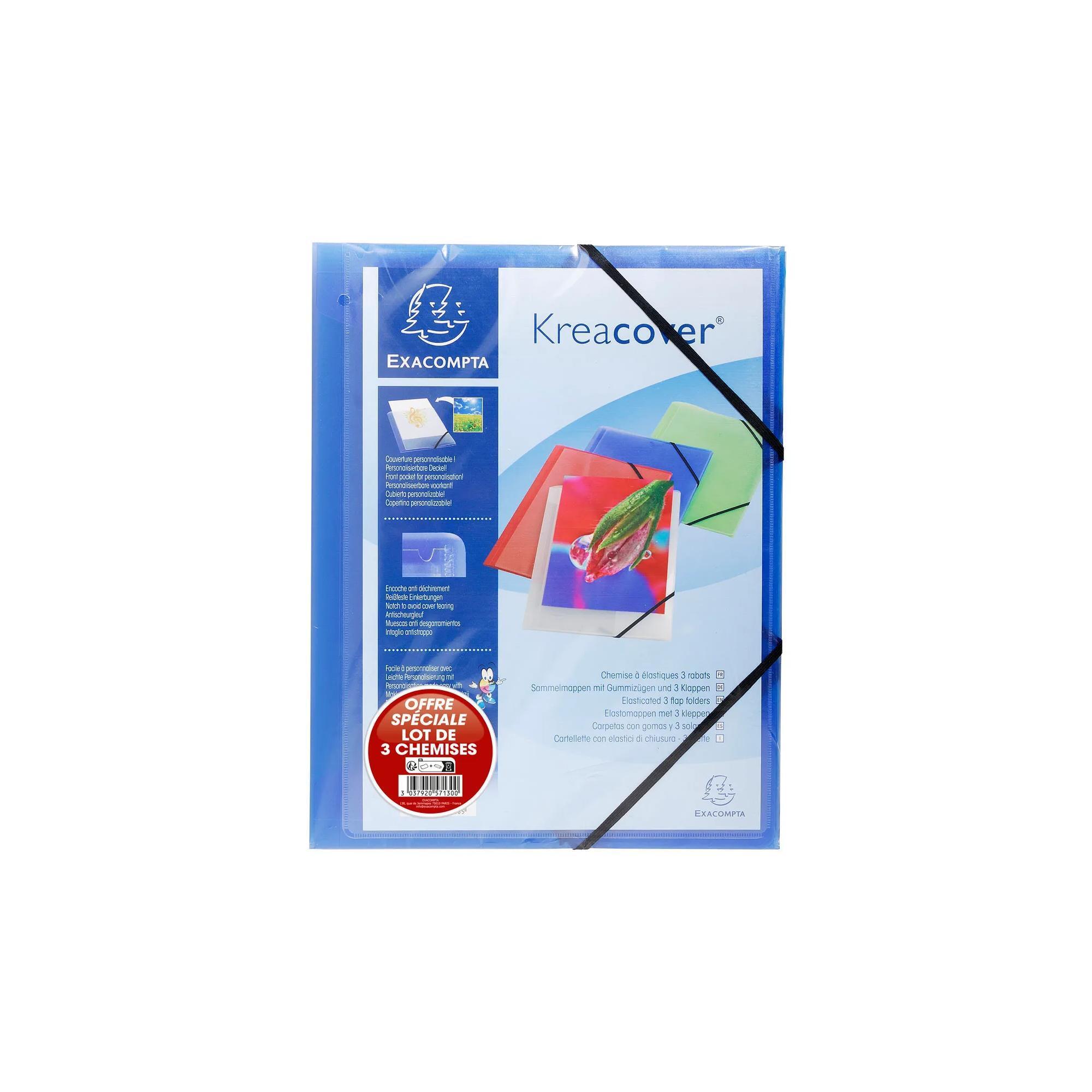 EXACOMPTA Lot de 3 chemises à élastique 24x32cm, 3 rabats, polypro translucide