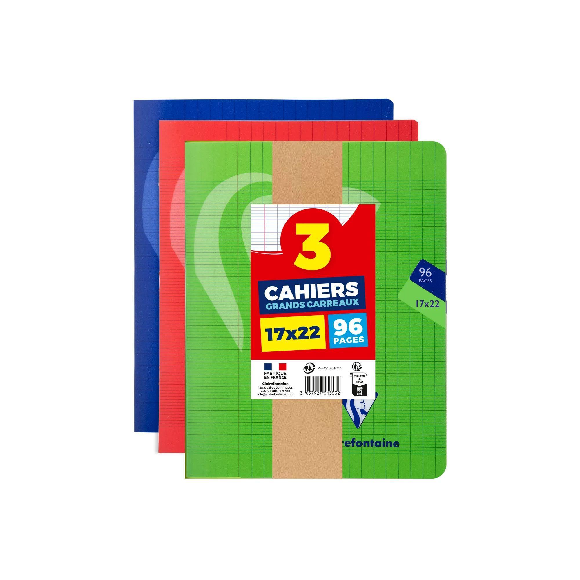 CLAIREFONTAINE Cahiers piqués x3 17x22 cm 96 pages Seyes 90G - Divers coloris