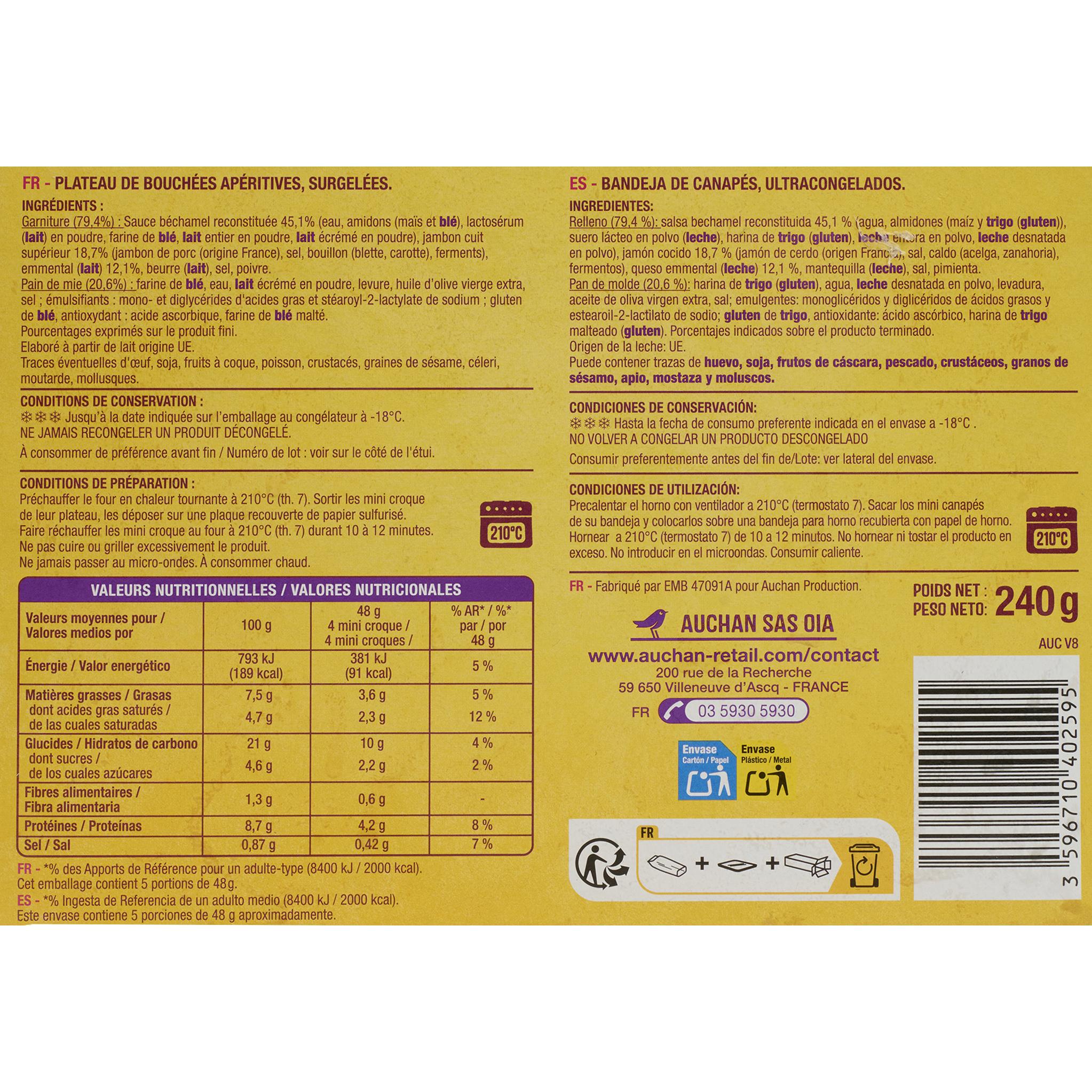 Voir la diapositive 2 : AUCHAN Mini croques monsieur jambon emmental 20 pièces 240g