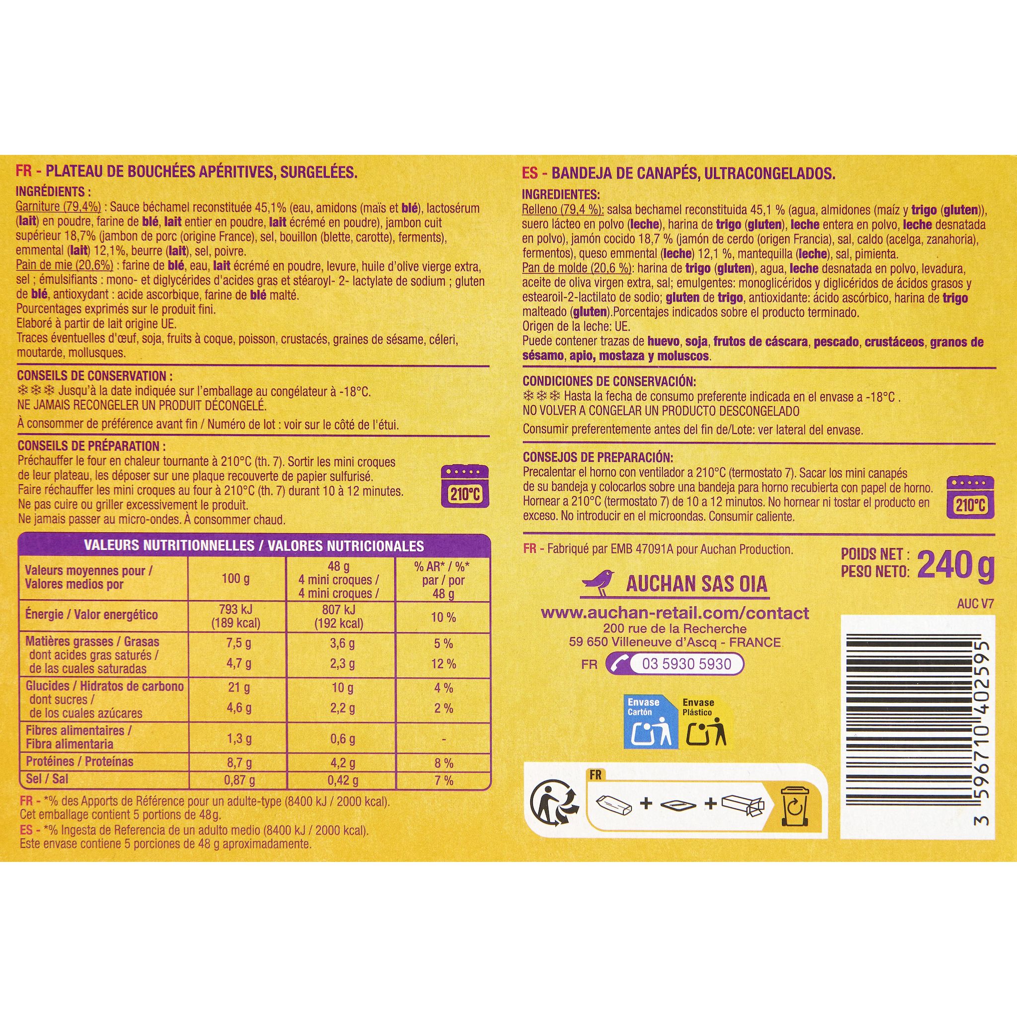 Voir la diapositive 2 : AUCHAN Mini croques monsieur jambon emmental 20 pièces 240g