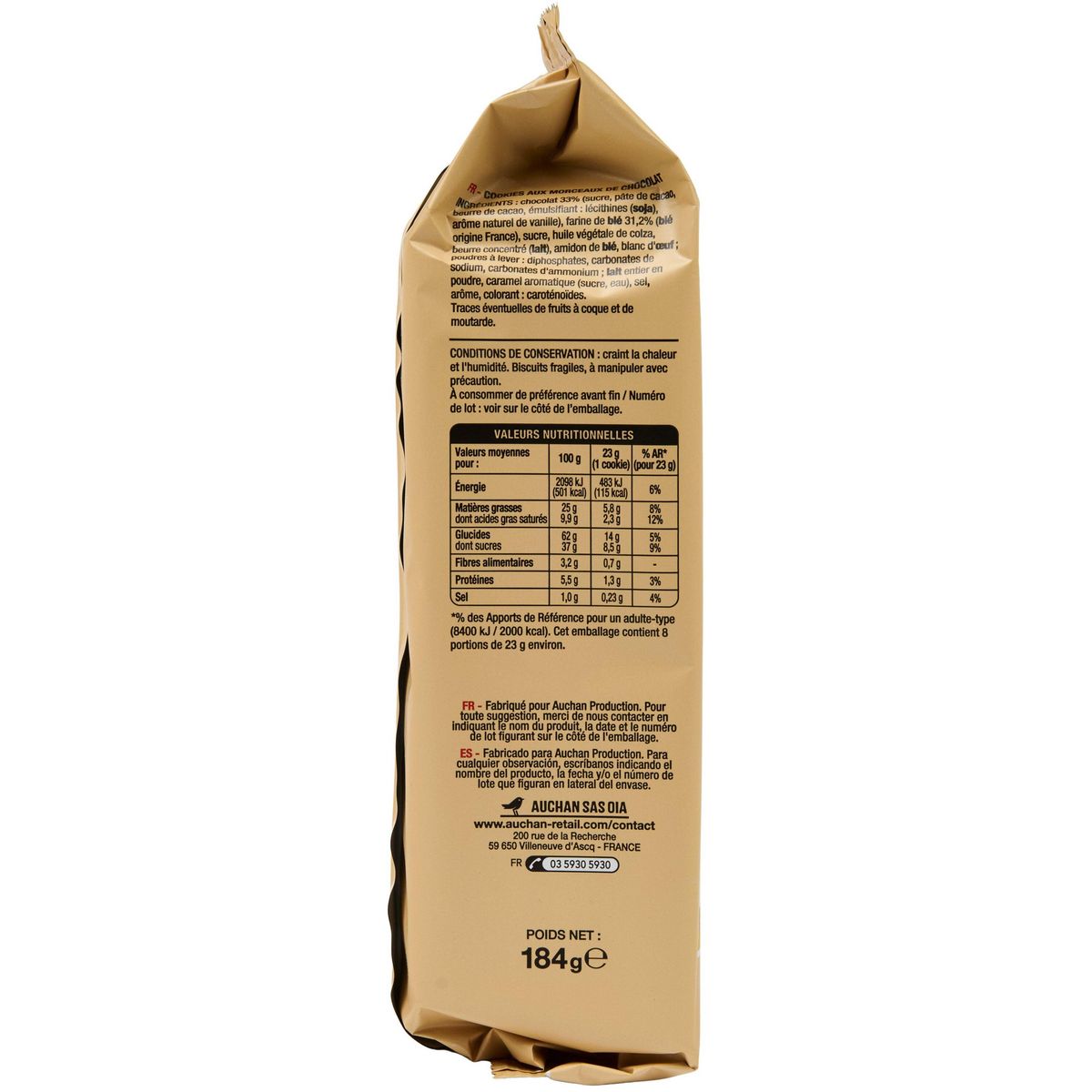 AUCHAN Cookies aux maxi pépites de chocolat 8 biscuits 184g