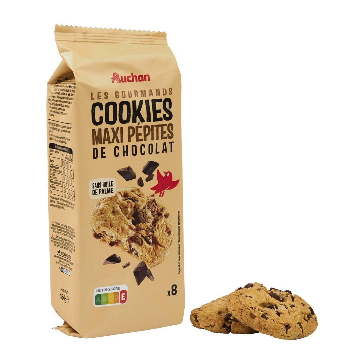 AUCHAN Cookies aux maxi pépites de chocolat 8 biscuits 184g