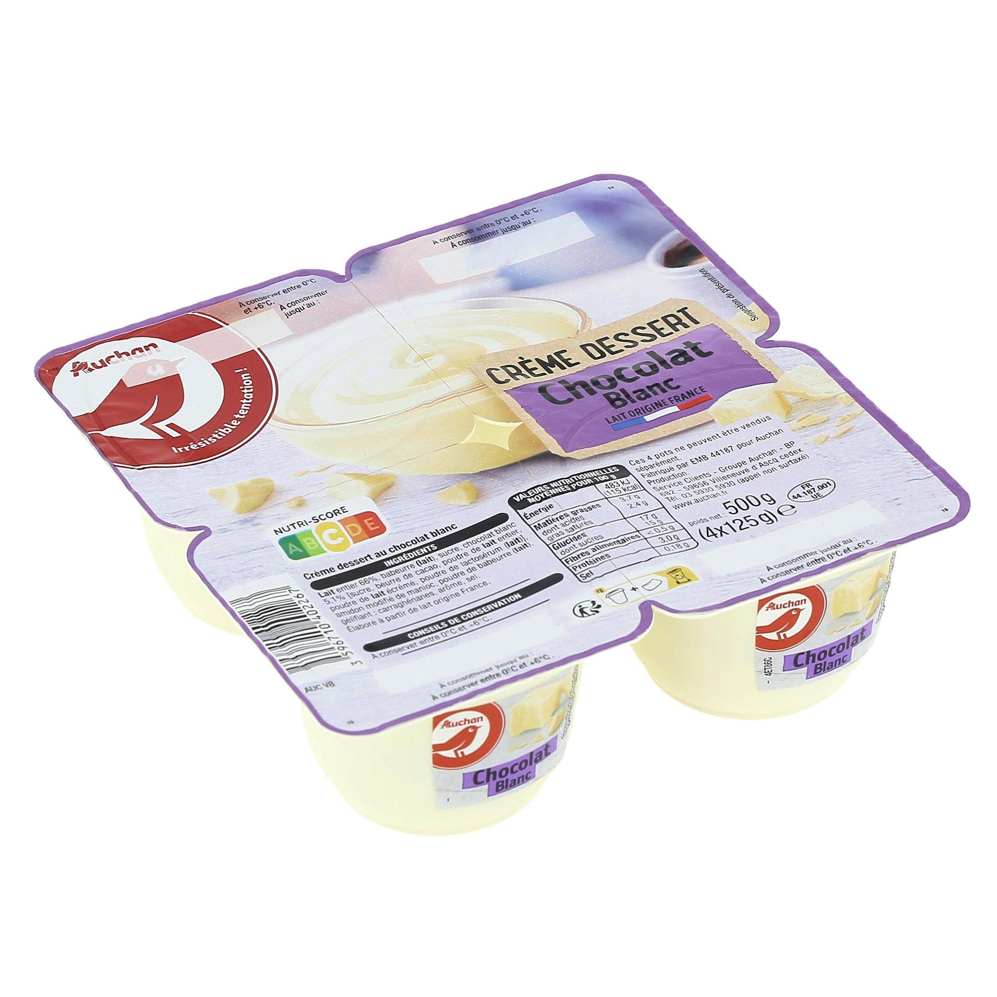 Voir la diapositive 2 : AUCHAN Crème dessert au chocolat blanc 4x125g