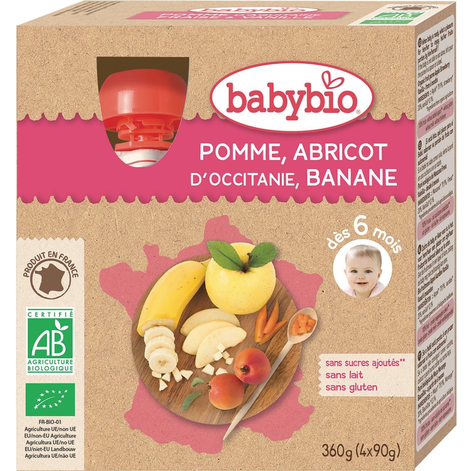 Voir la diapositive 2 : BABYBIO Gourde pomme et abricot de Provence, banane bio dès 6 mois 4x90g