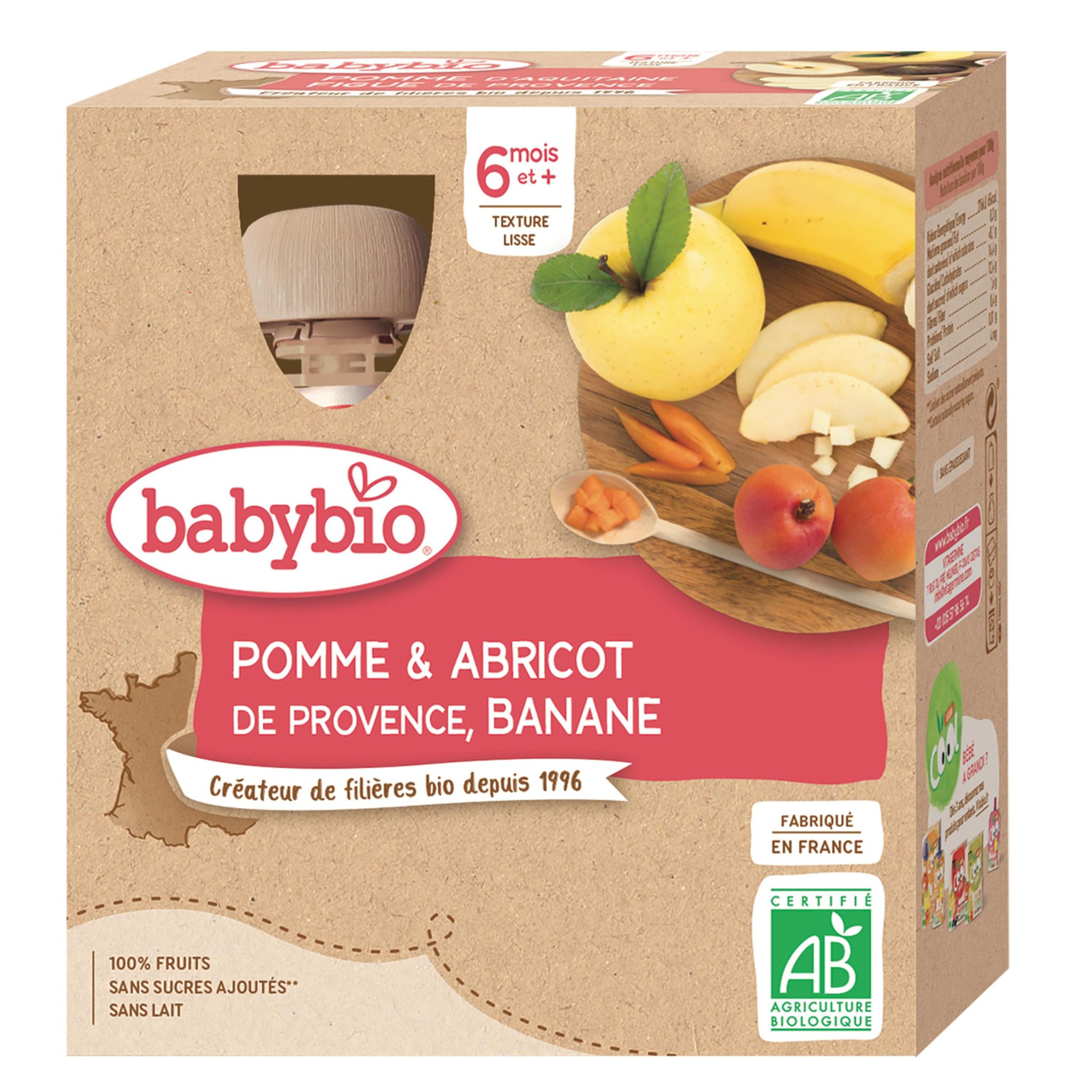 Voir la diapositive 2 : BABYBIO Gourde pomme et abricot de Provence, banane bio dès 6 mois 4x90g