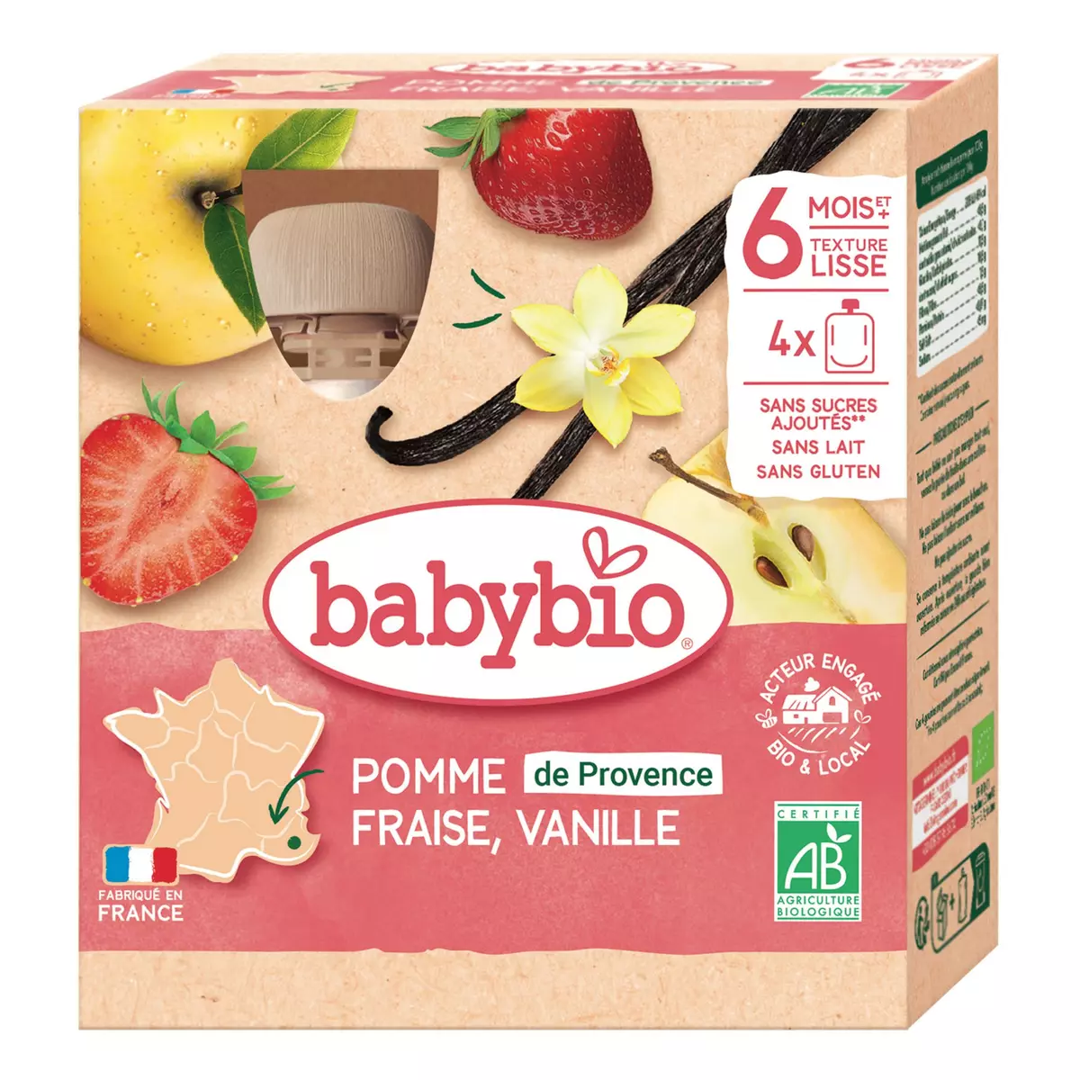 BABYBIO Gourde dessert pomme fraise vanille bio dès 6 mois 4x90g