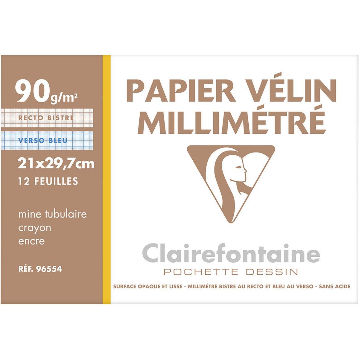 CLAIREFONTAINE Pochette papier millimétré 12 feuilles A4 90g/m2 bistre/bleu