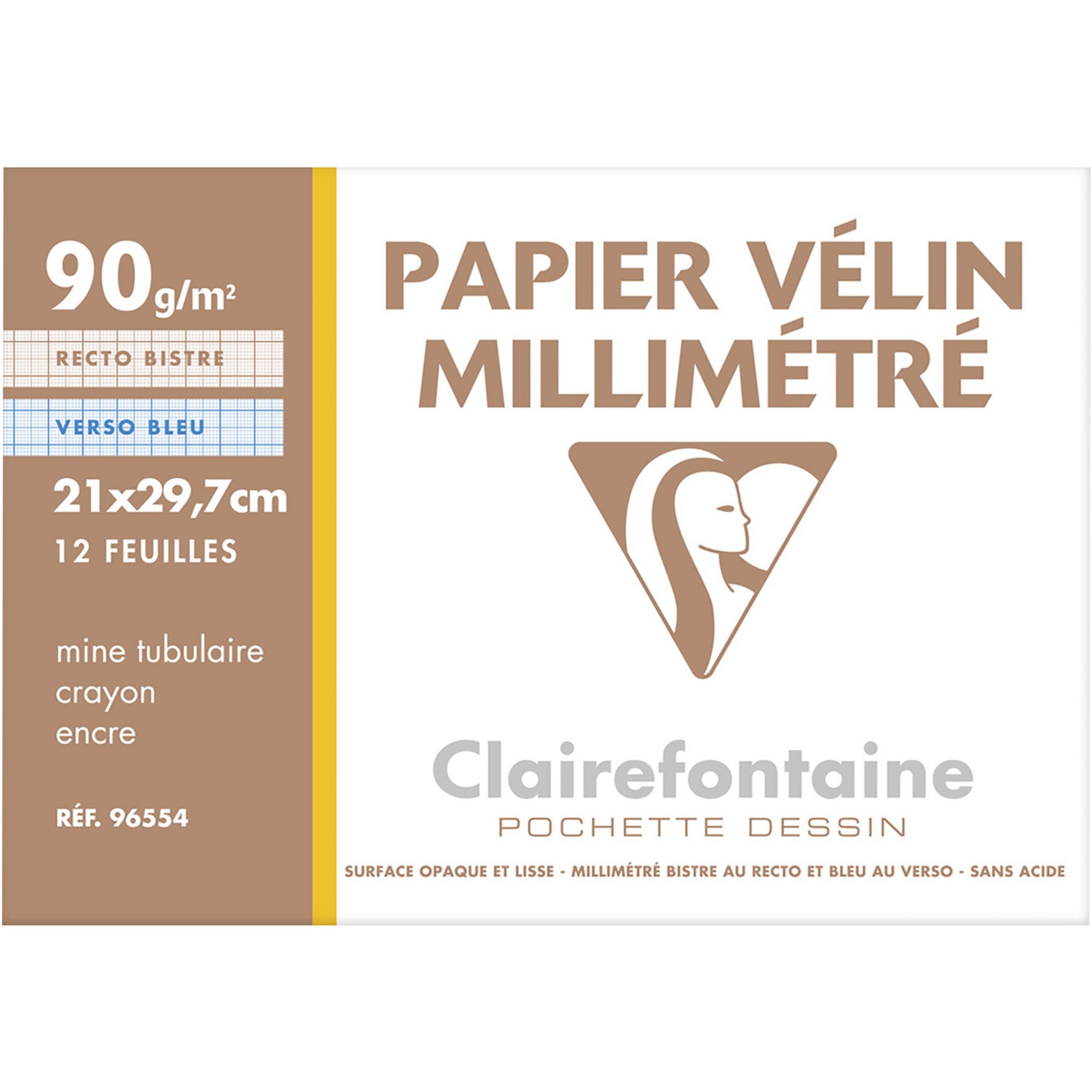 Voir la diapositive 2 : CLAIREFONTAINE Pochette papier millimétré 12 feuilles A4 90g/m2 bistre/bleu