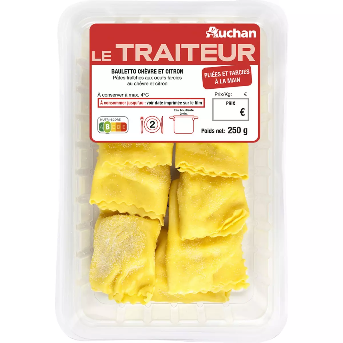 AUCHAN LE TRAITEUR Bauletto chèvre citron pâtes aux oeufs frais 2 portions 250g