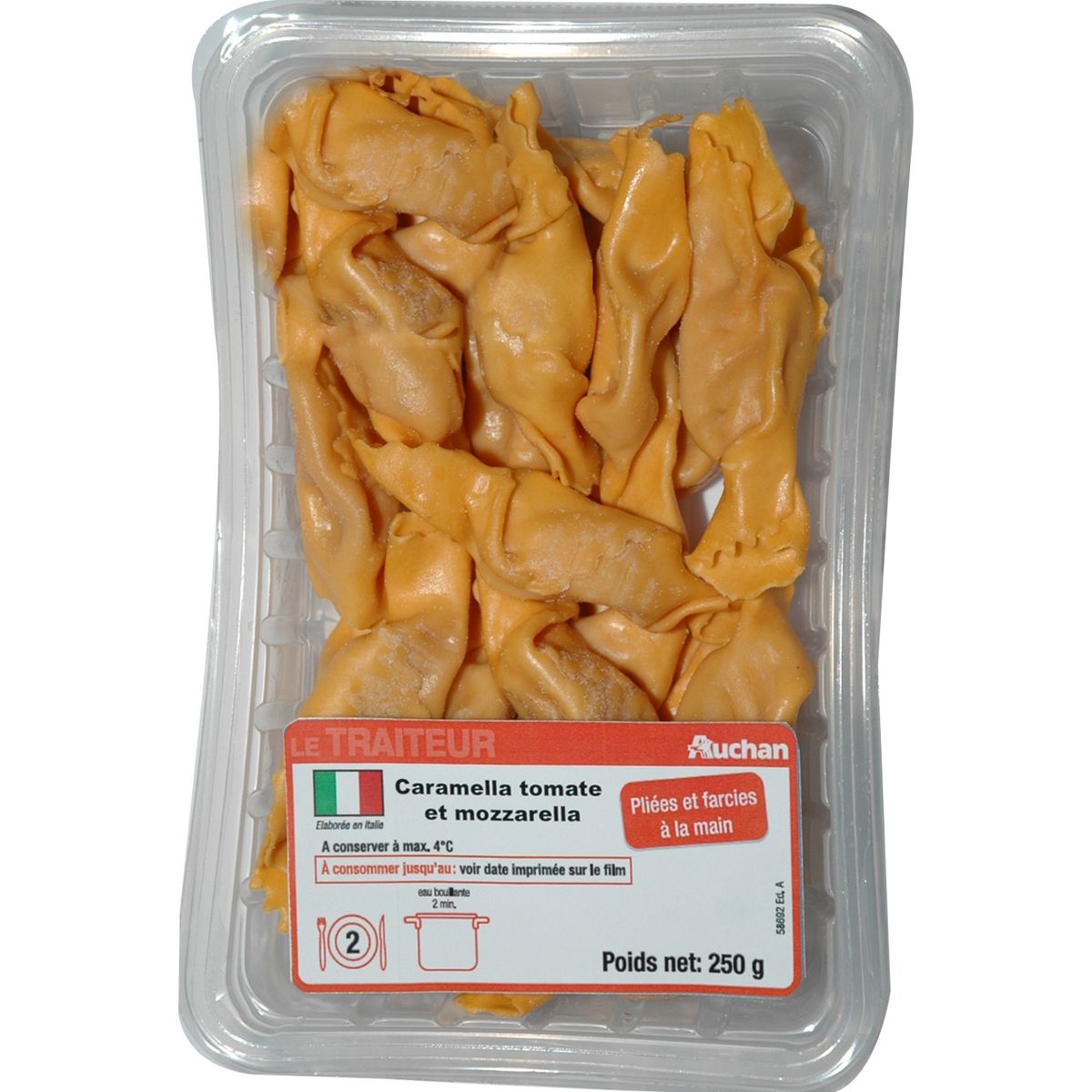 AUCHAN LE TRAITEUR Pâtes Caramella farcies à la tomate et mozzarella 2 personnes 250g
