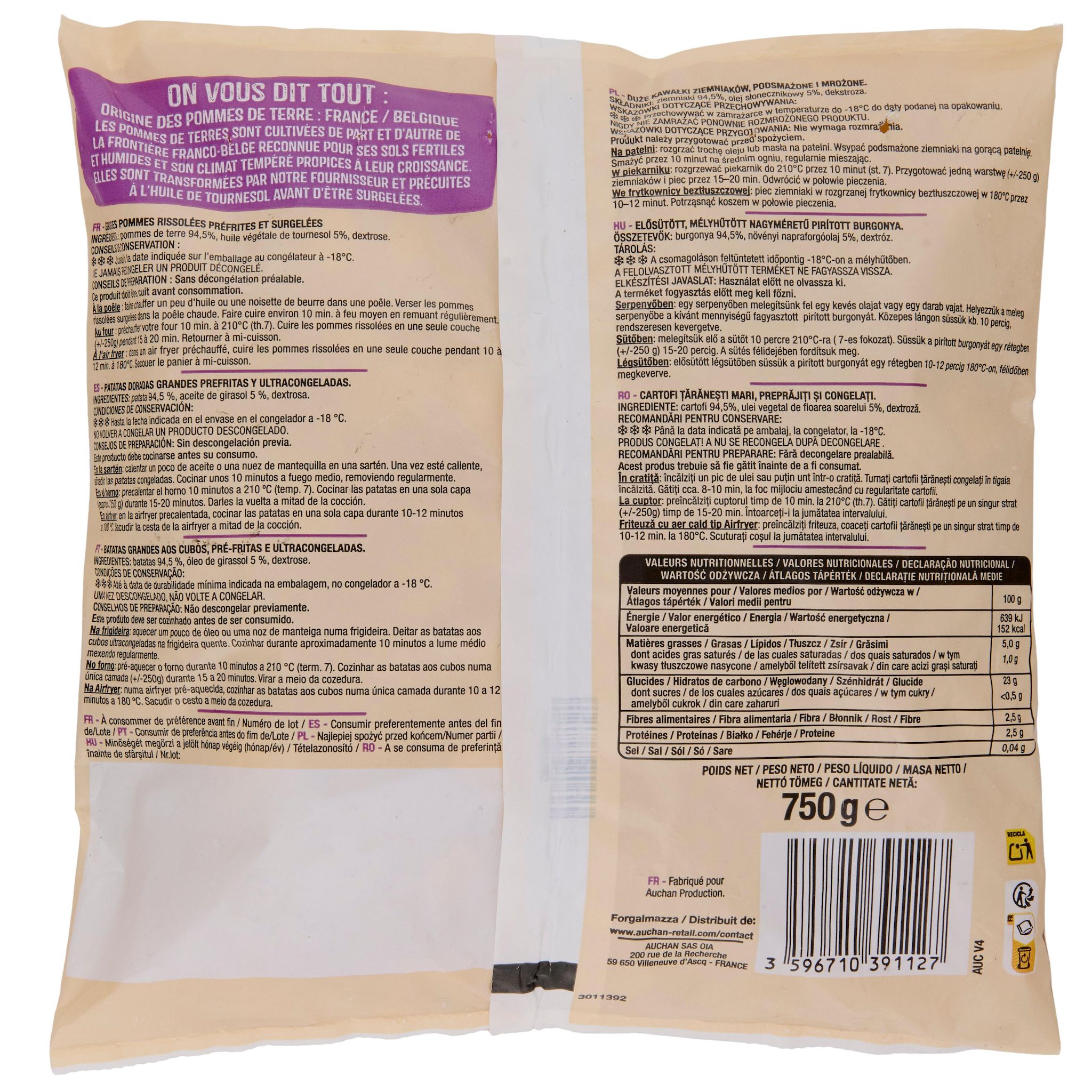 Voir la diapositive 3 : AUCHAN Pommes de terre rissolées rustiques 750g