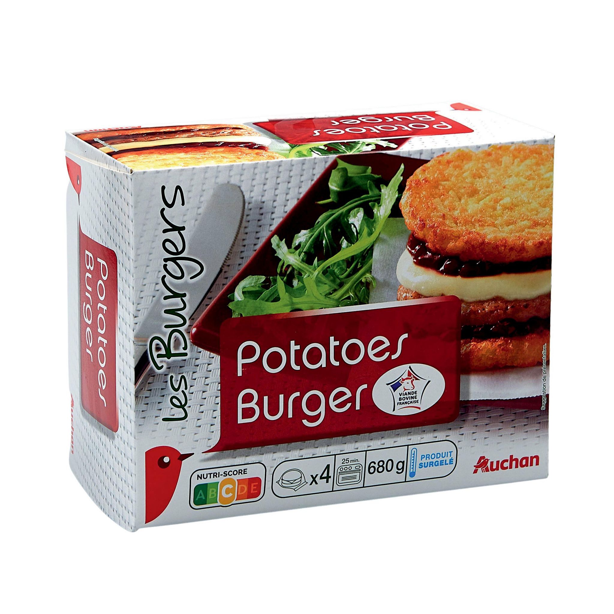 Voir la diapositive 2 : AUCHAN Potatoes burger 4 pièces 680g