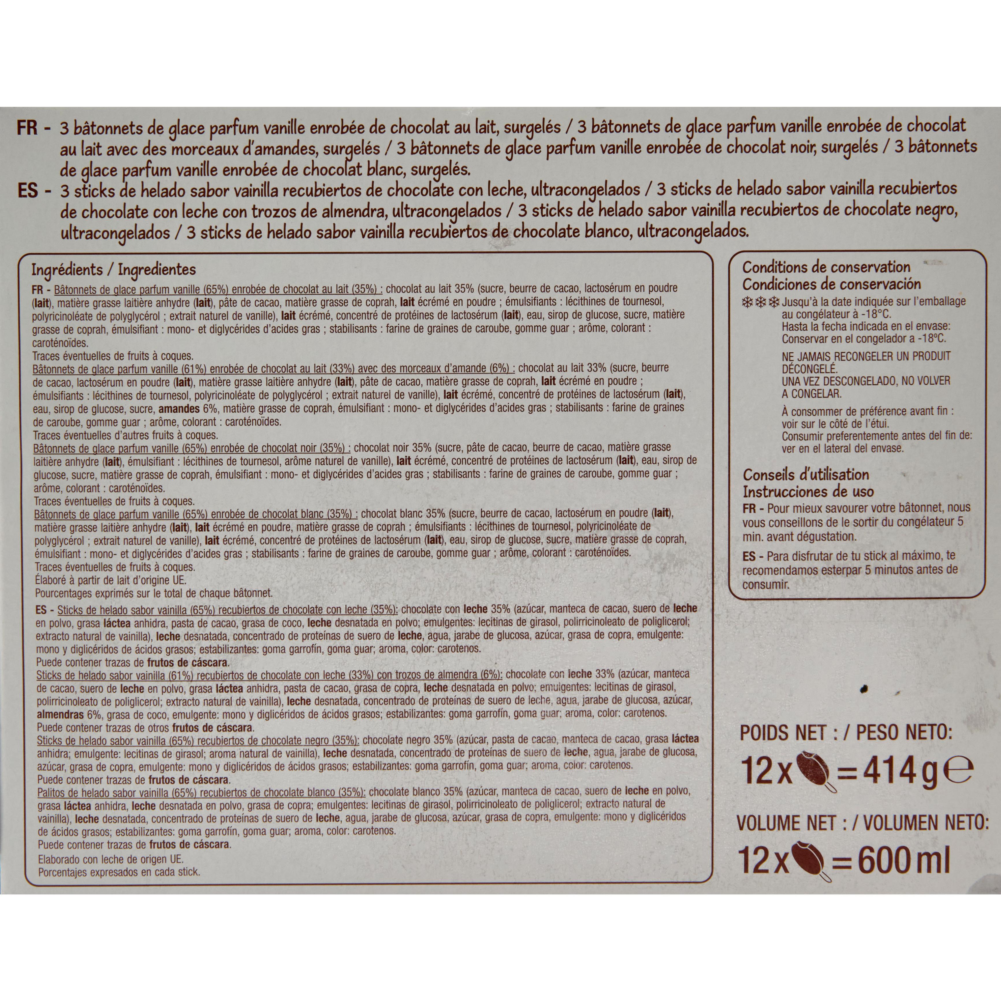 Voir la diapositive 2 : POUCE Mini-bâtonnets glacés vanille chocolat blanc lait noir amandes 12 pièces 414g