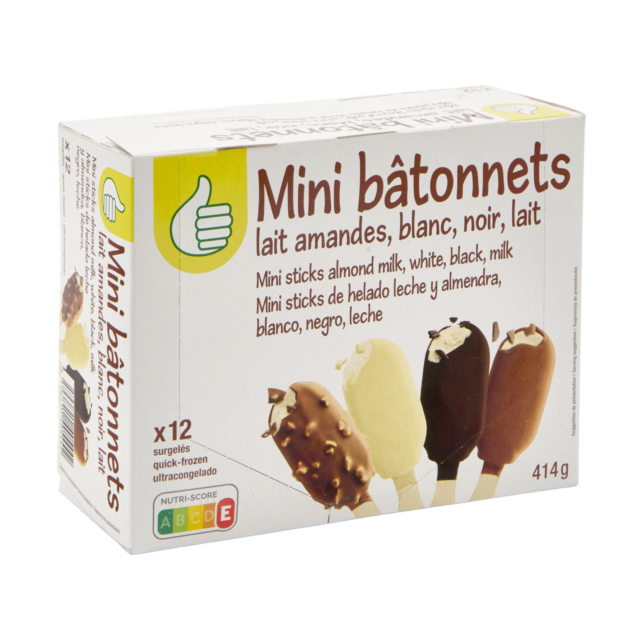 Voir la diapositive 3 : POUCE Mini-bâtonnets glacés vanille chocolat blanc lait noir amandes 12 pièces 414g