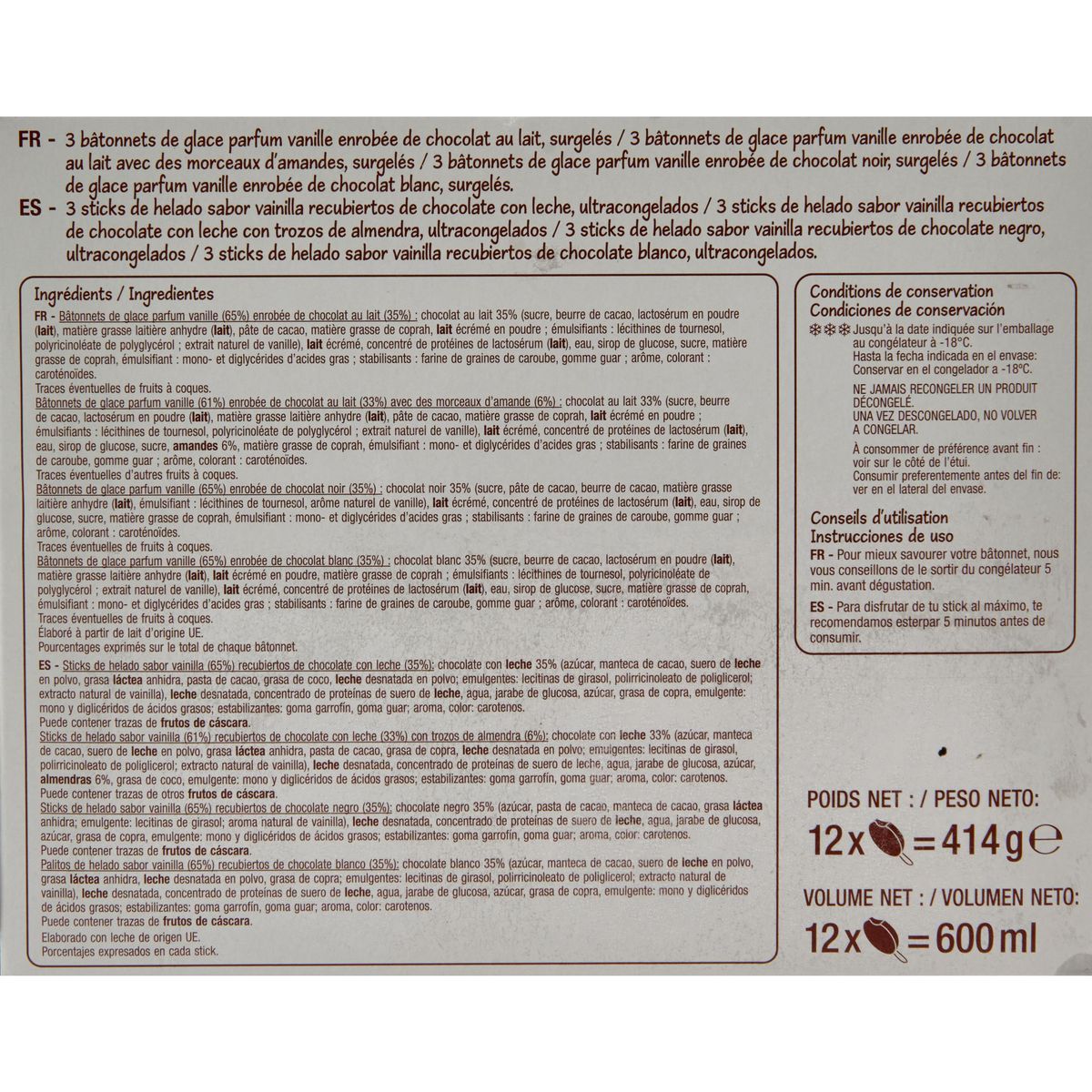POUCE Mini-bâtonnets glacés vanille chocolat blanc lait noir amandes 12 pièces 414g