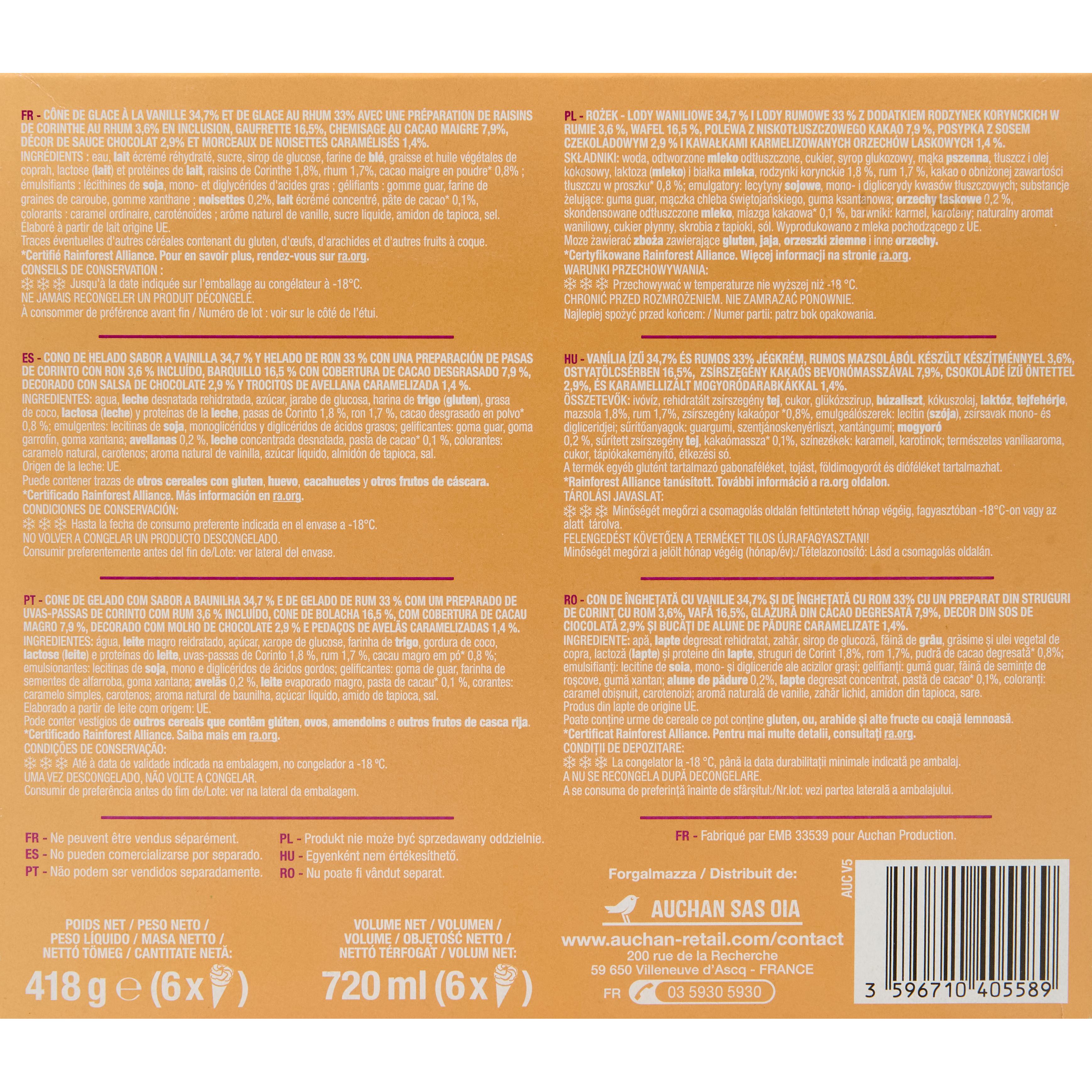 Voir la diapositive 2 : AUCHAN Cônes glacés rhum raisin 6 pièces 418g
