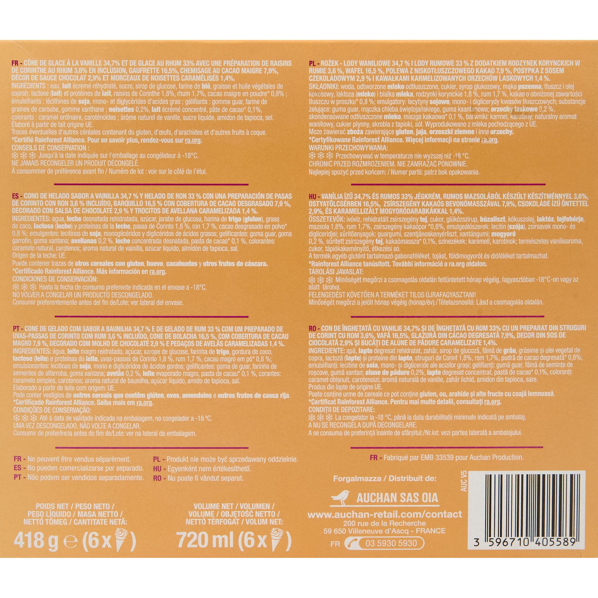 Voir la diapositive 2 : AUCHAN Cônes glacés rhum raisin 6 pièces 418g