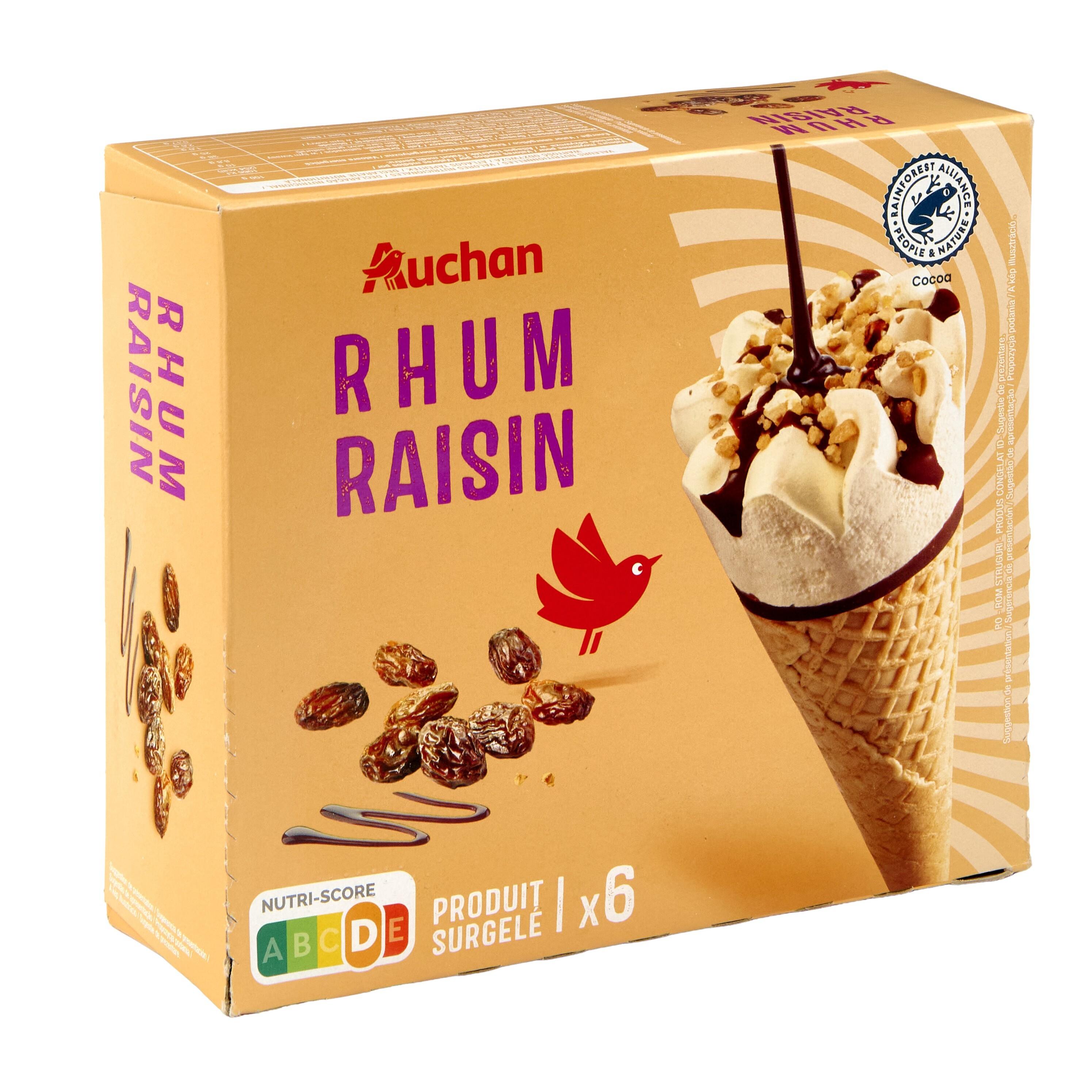 Voir la diapositive 4 : AUCHAN Cônes glacés rhum raisin 6 pièces 418g
