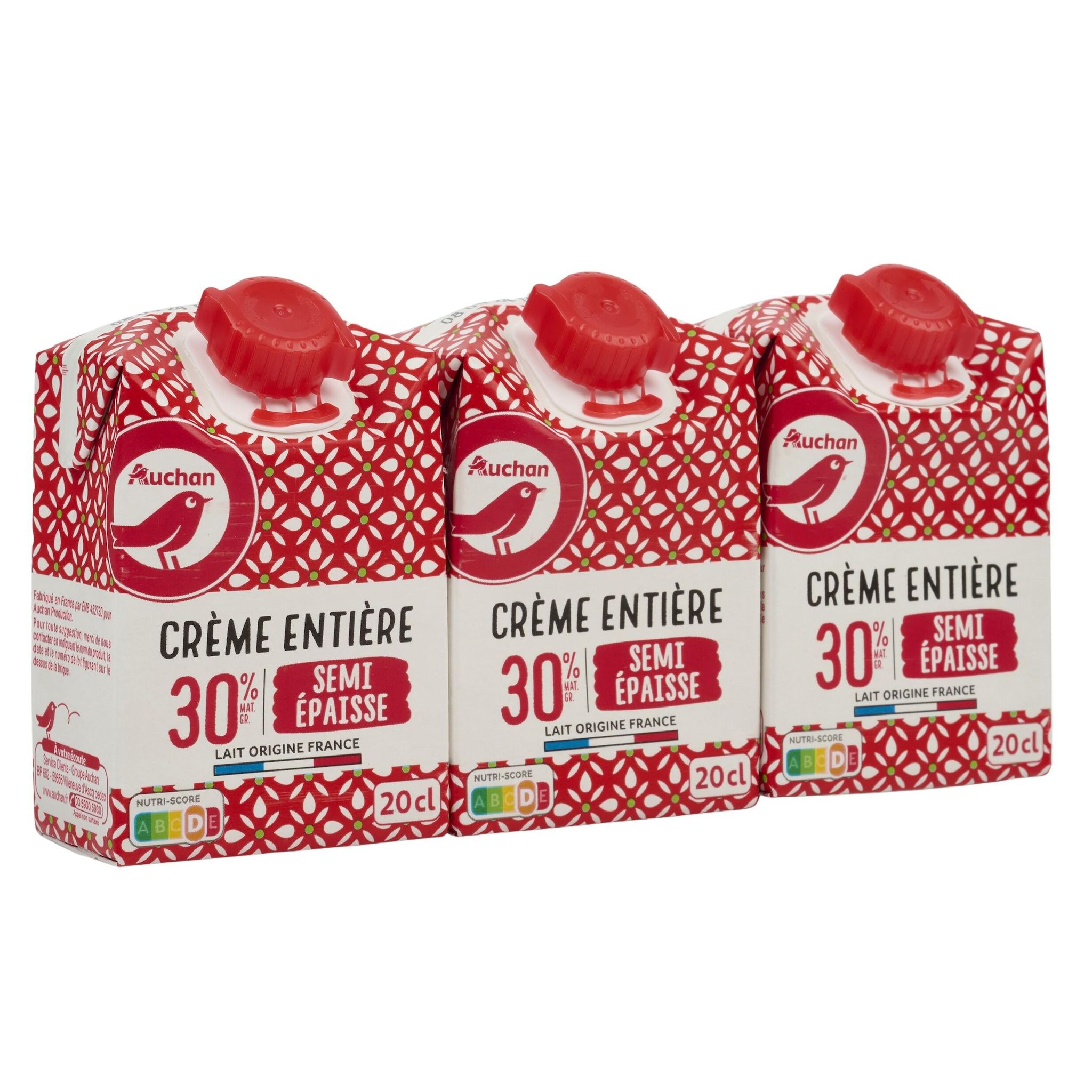 Voir la diapositive 2 : AUCHAN Crème semi-épaisse entière 30% MG UHT 3x20cl