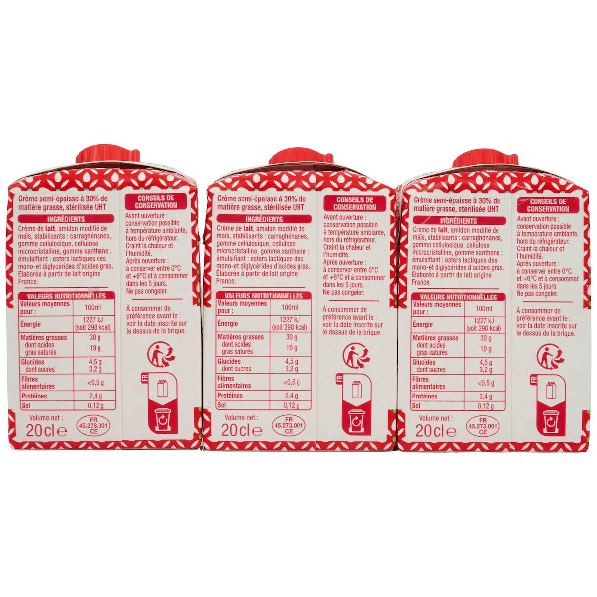 AUCHAN Crème semi-épaisse entière 30% MG UHT 3x20cl