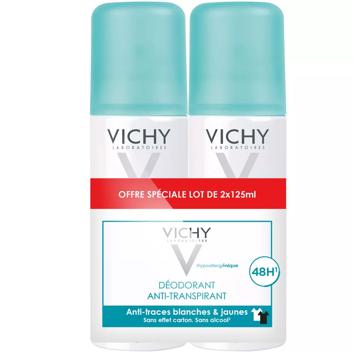 VICHY Déodorant spray anti-transpirant anti-traces 48h hypoallergénique 2x125ml