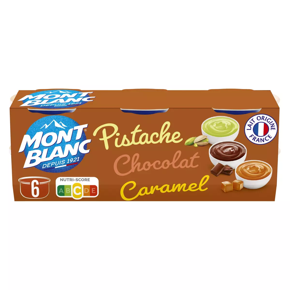MONT BLANC Crème dessert caramel chocolat pistache 6 pots 750g