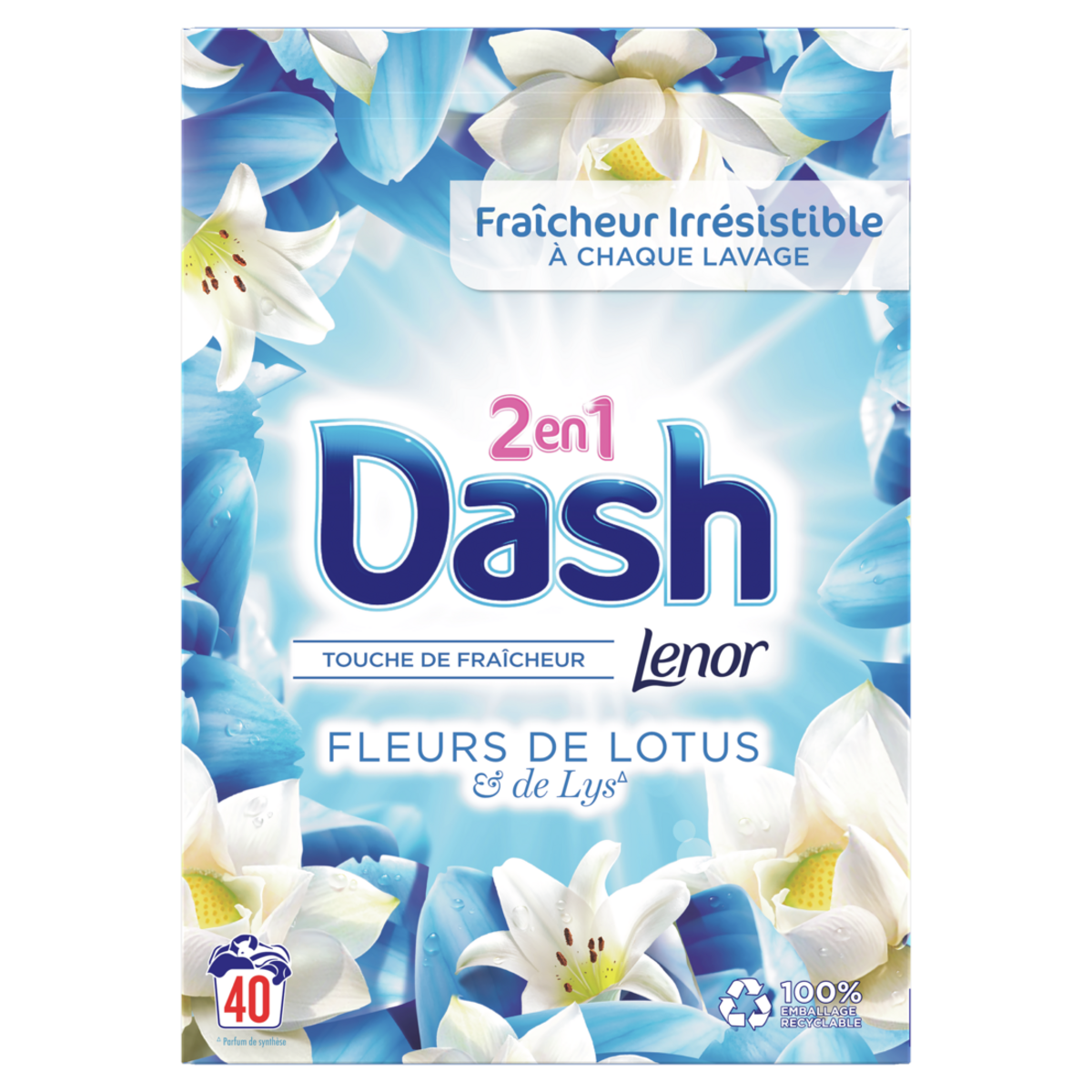 DASH Lessive poudre 2 en 1 fleurs de lotus et lys 40 lavages 2,6kg