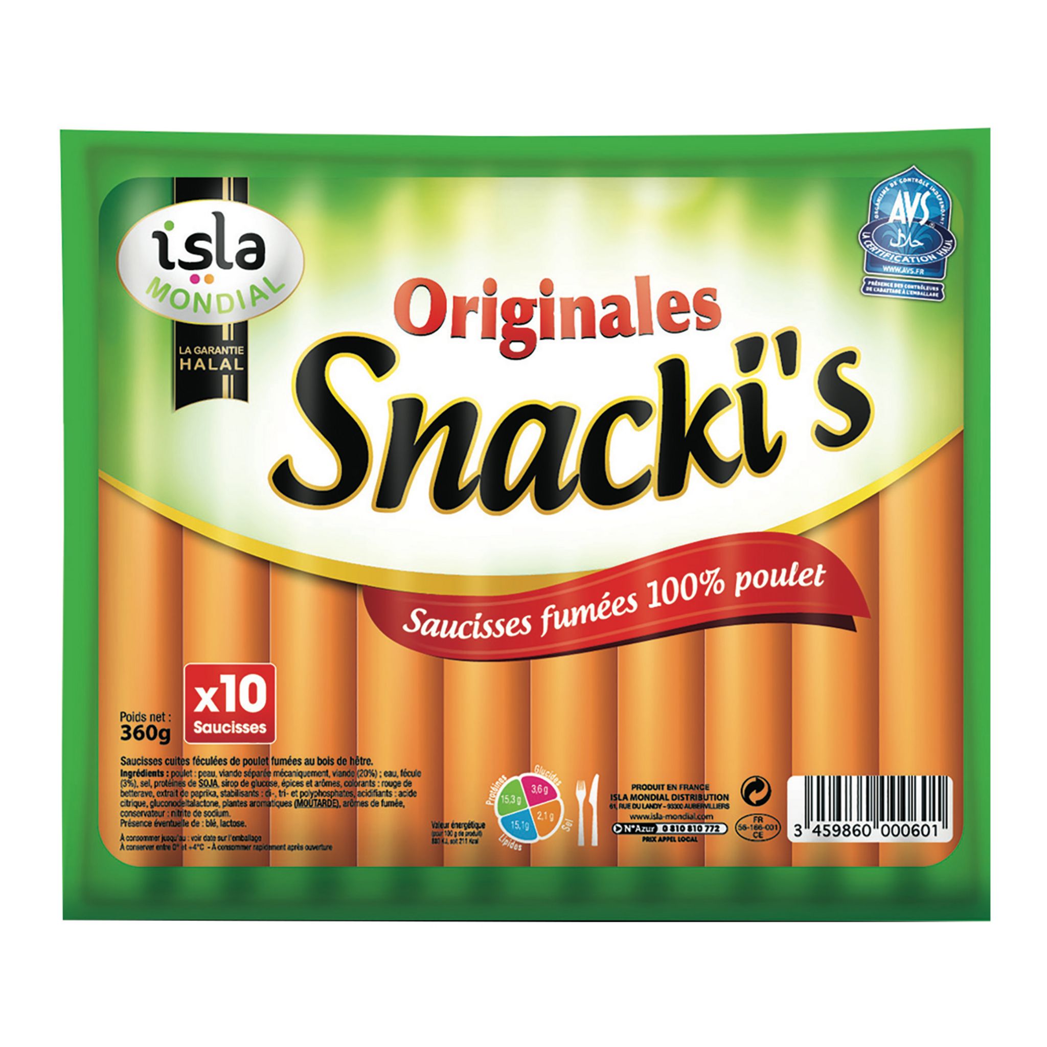 ISLA MONDIAL Saucisse fumée de poulet halal 10 saucisses 360g