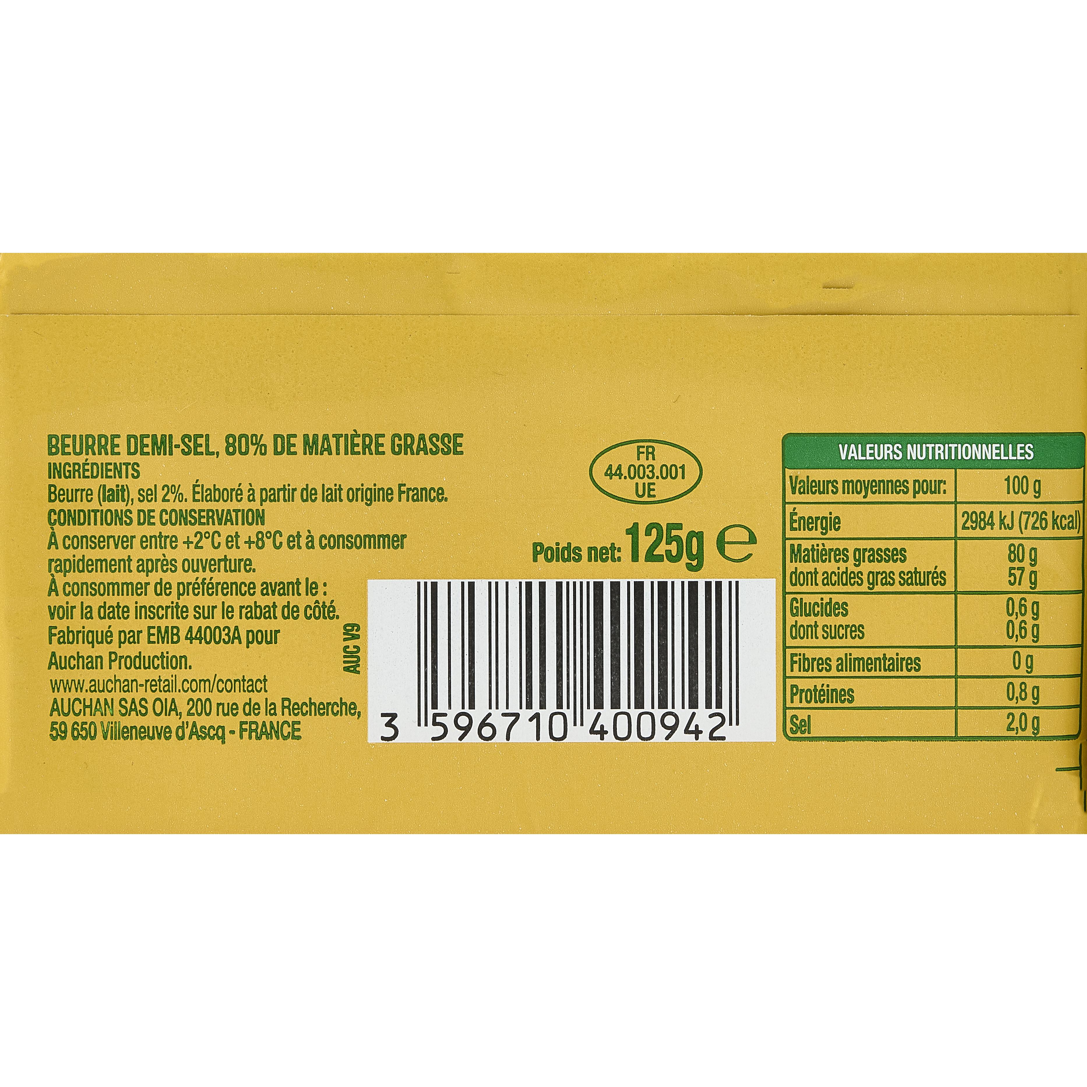 Voir la diapositive 2 : AUCHAN Beurre demi-sel 80%MG 125g