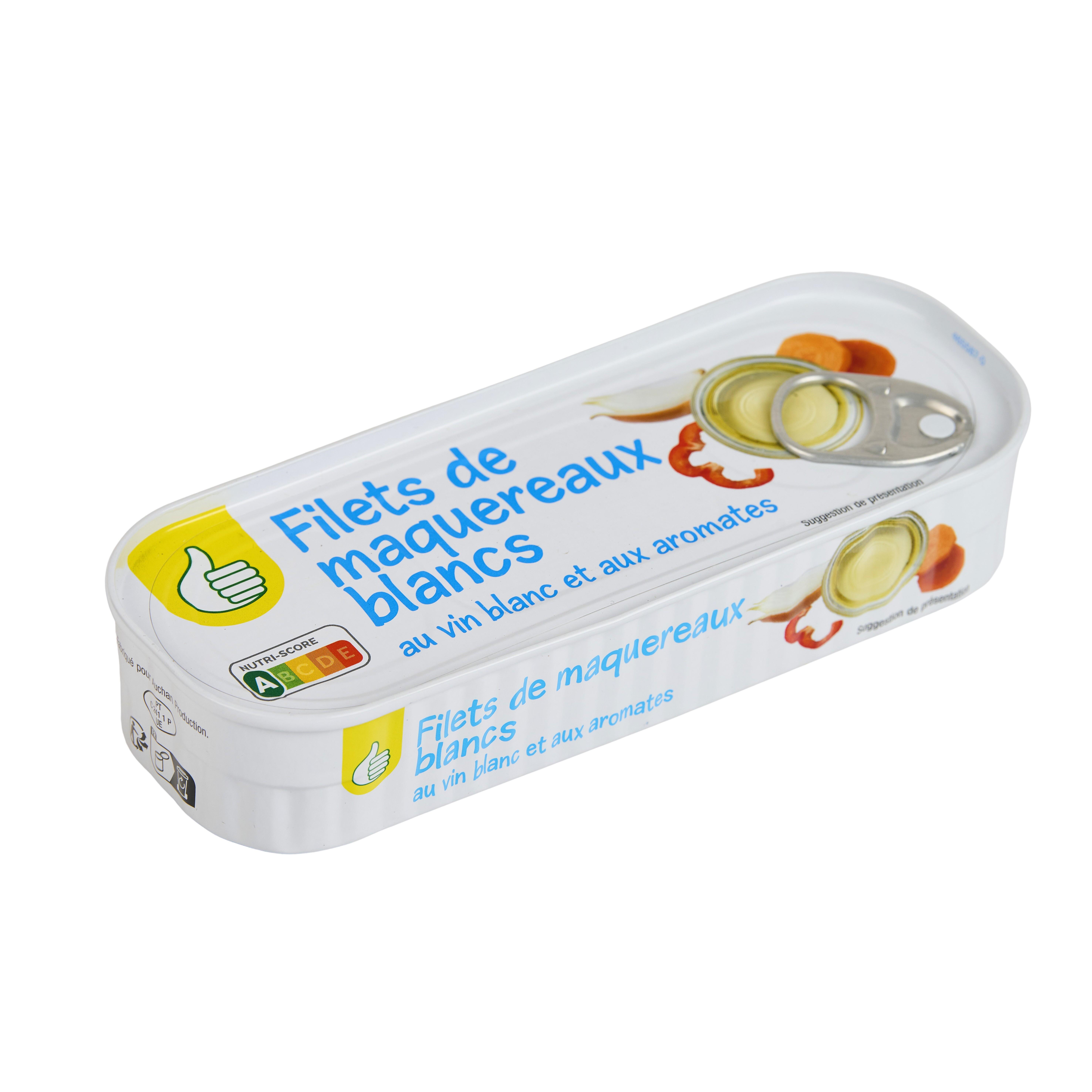 Voir la diapositive 2 : POUCE Filets de maquereaux blancs au vin blanc et aux aromates 176g