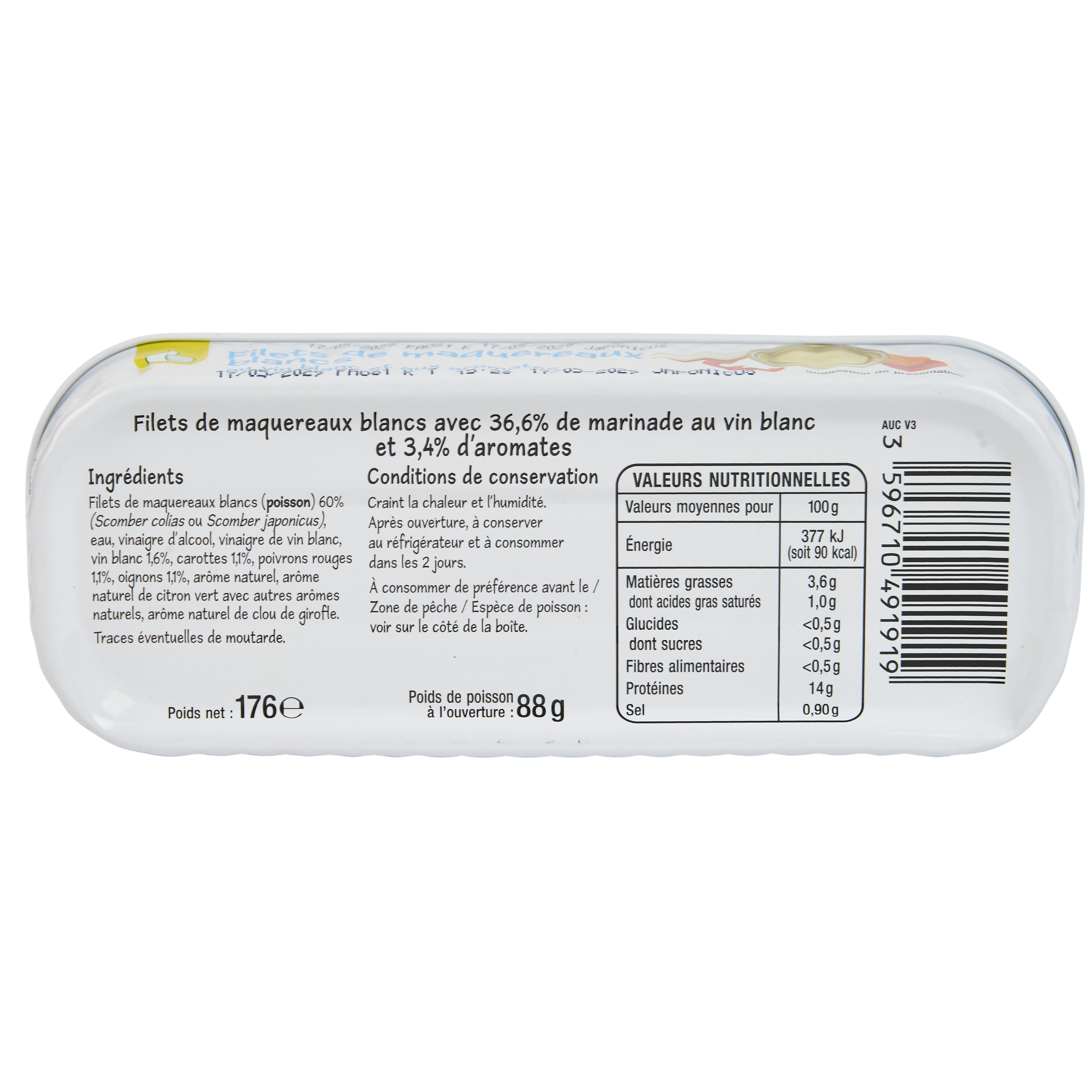 Voir la diapositive 3 : POUCE Filets de maquereaux blancs au vin blanc et aux aromates 176g