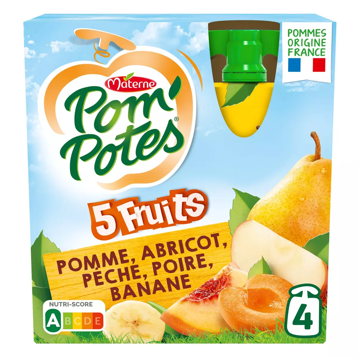 Materne Pom potes compote gourdes sans sucres pomme abricot mirabelle,  pomme abricot pêche 4x90g 