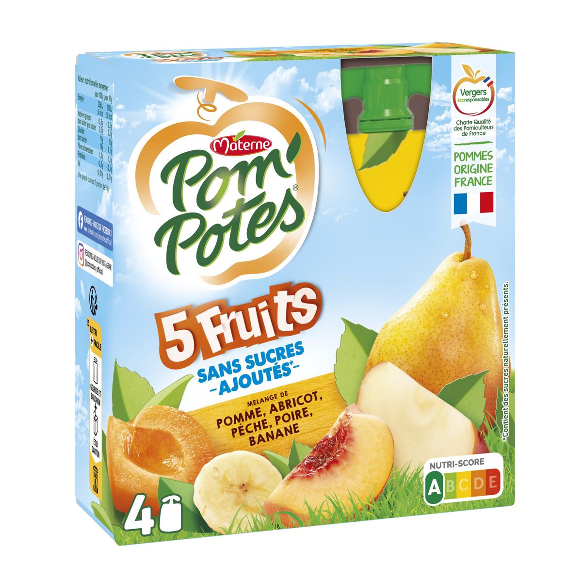 POM'POTES Gourdes 5 fruits pomme abricot pêche poire banane sans sucres ajoutés 4x90g