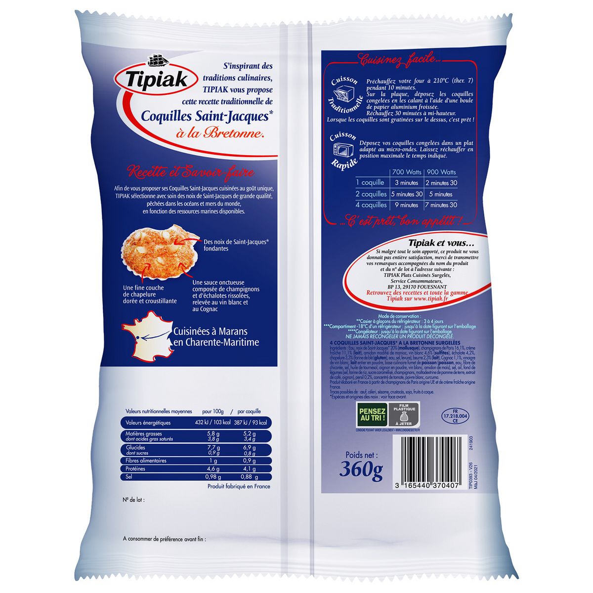 TIPIAK Coquilles Saint-Jacques à la Bretonne 4 pièces 360g