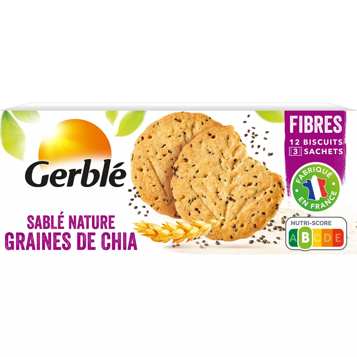 GERBLE Biscuits sablés nature graines de chia ss huile de palme, sachets fraîcheur 3x4 biscuits 132g