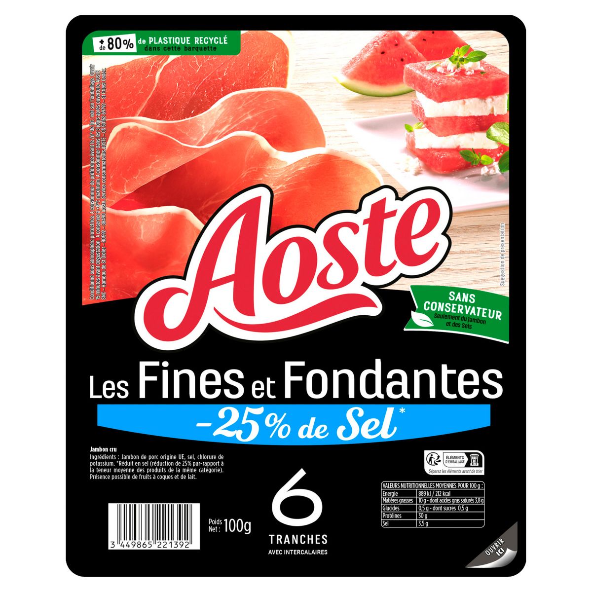 AOSTE Jambon cru fin et fondant sel réduit 6 tranches 100g