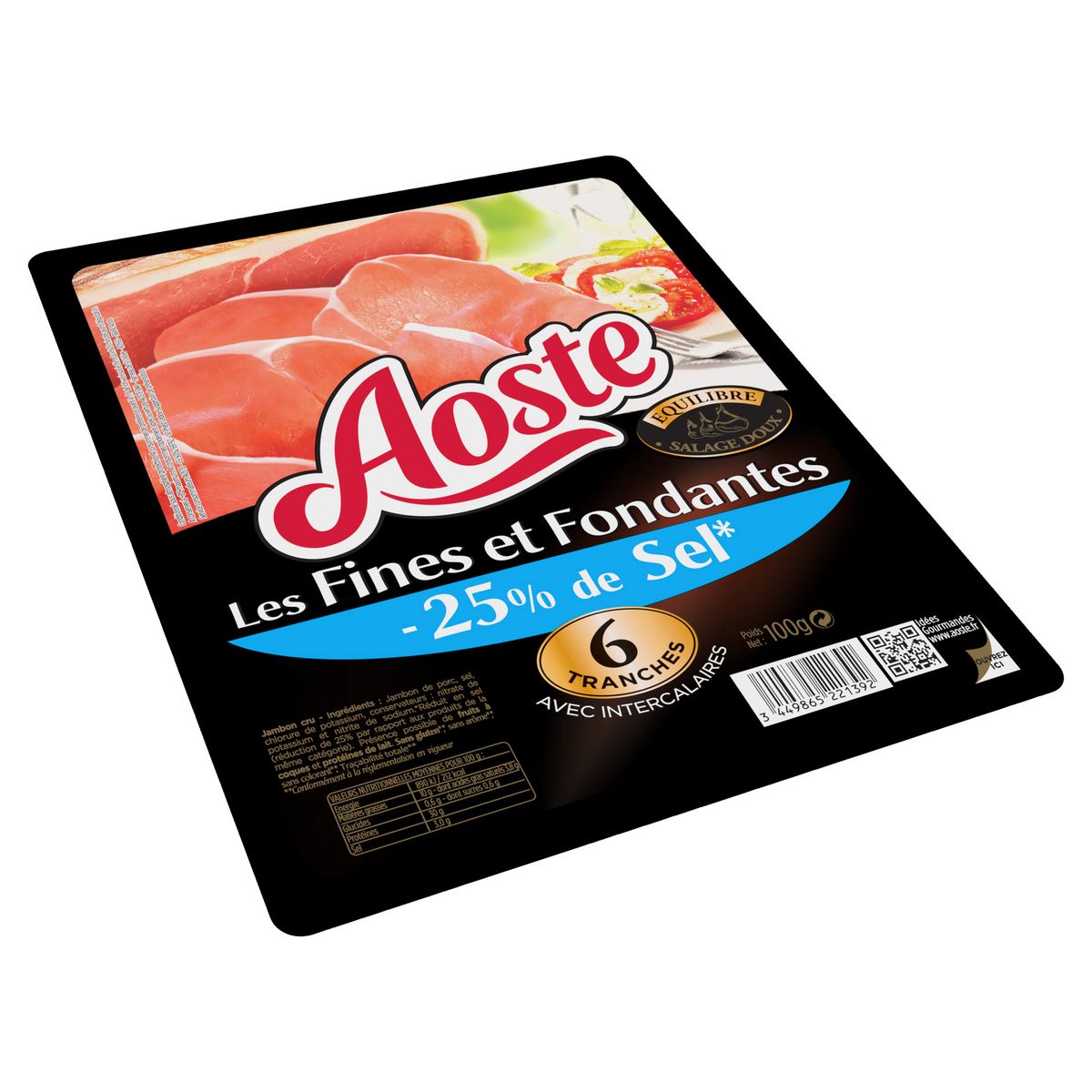 AOSTE Jambon cru fin et fondant sel réduit 6 tranches 100g