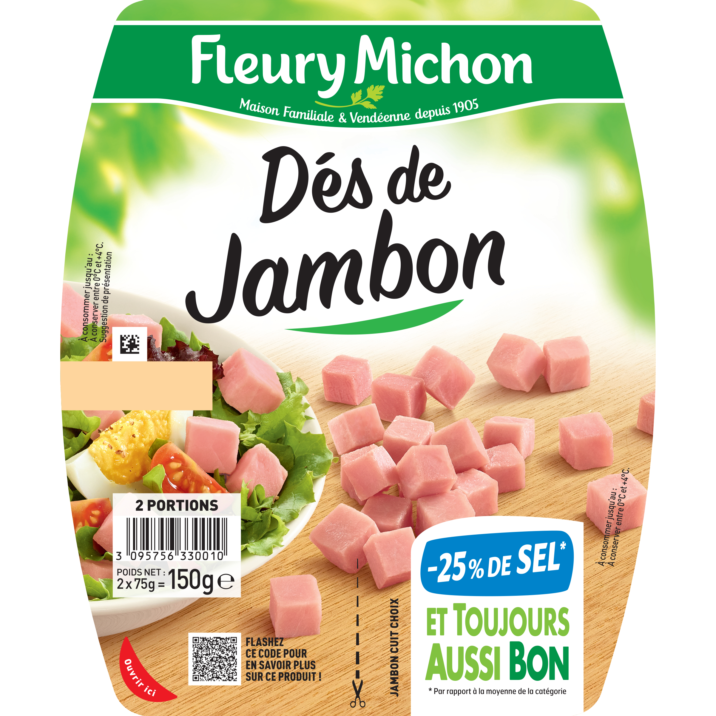 Voir la diapositive 2 : FLEURY MICHON Dés de jambon réduit en sel 2x75g