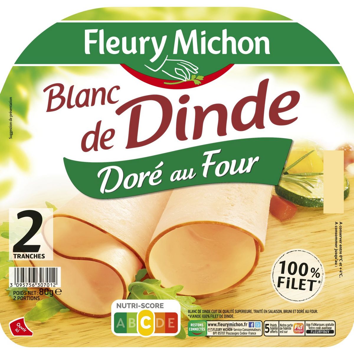 FLEURY MICHON Blanc de dinde 100% filet doré au four 2 tranches 80g