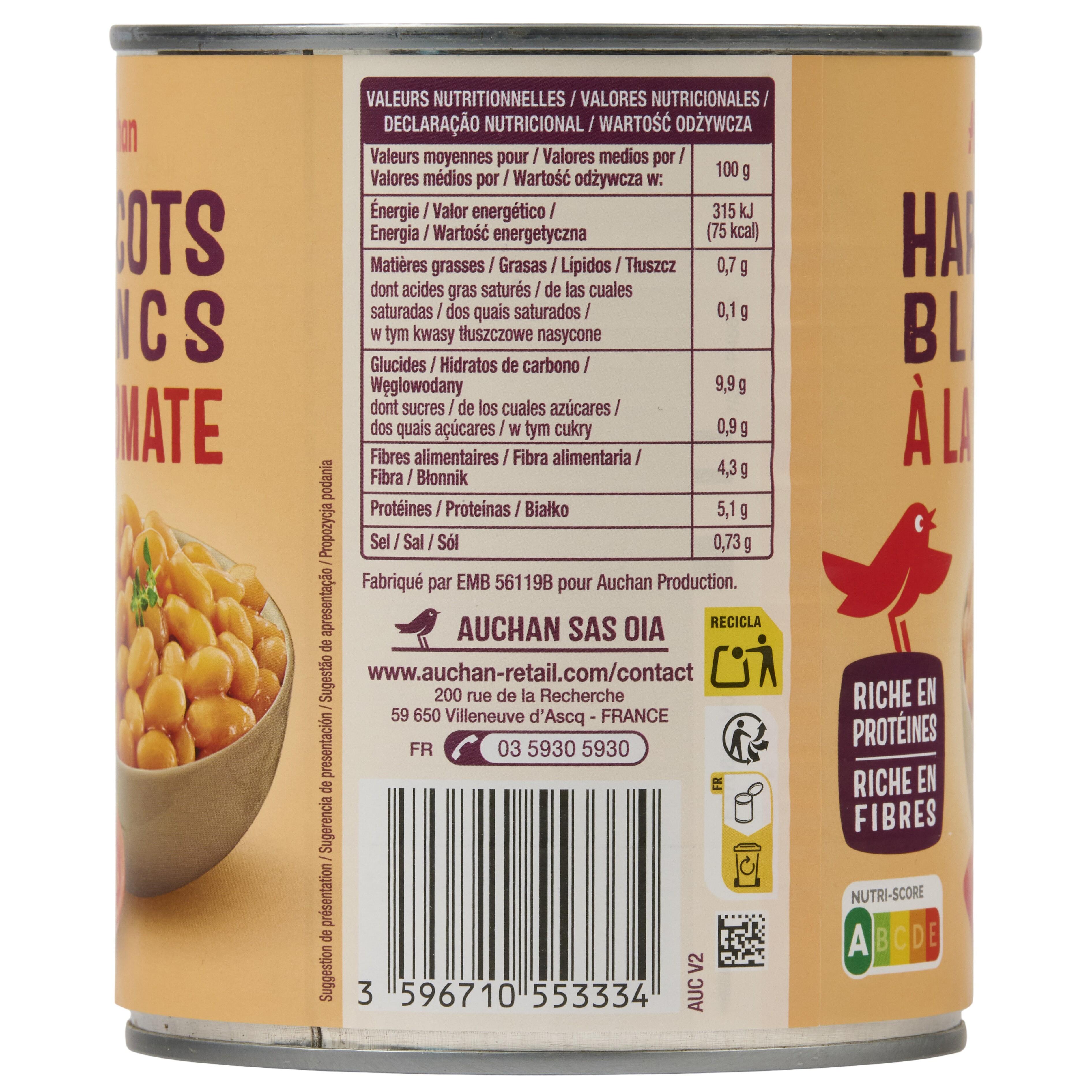 Voir la diapositive 3 : AUCHAN Haricots blancs préparés à la tomate 800g