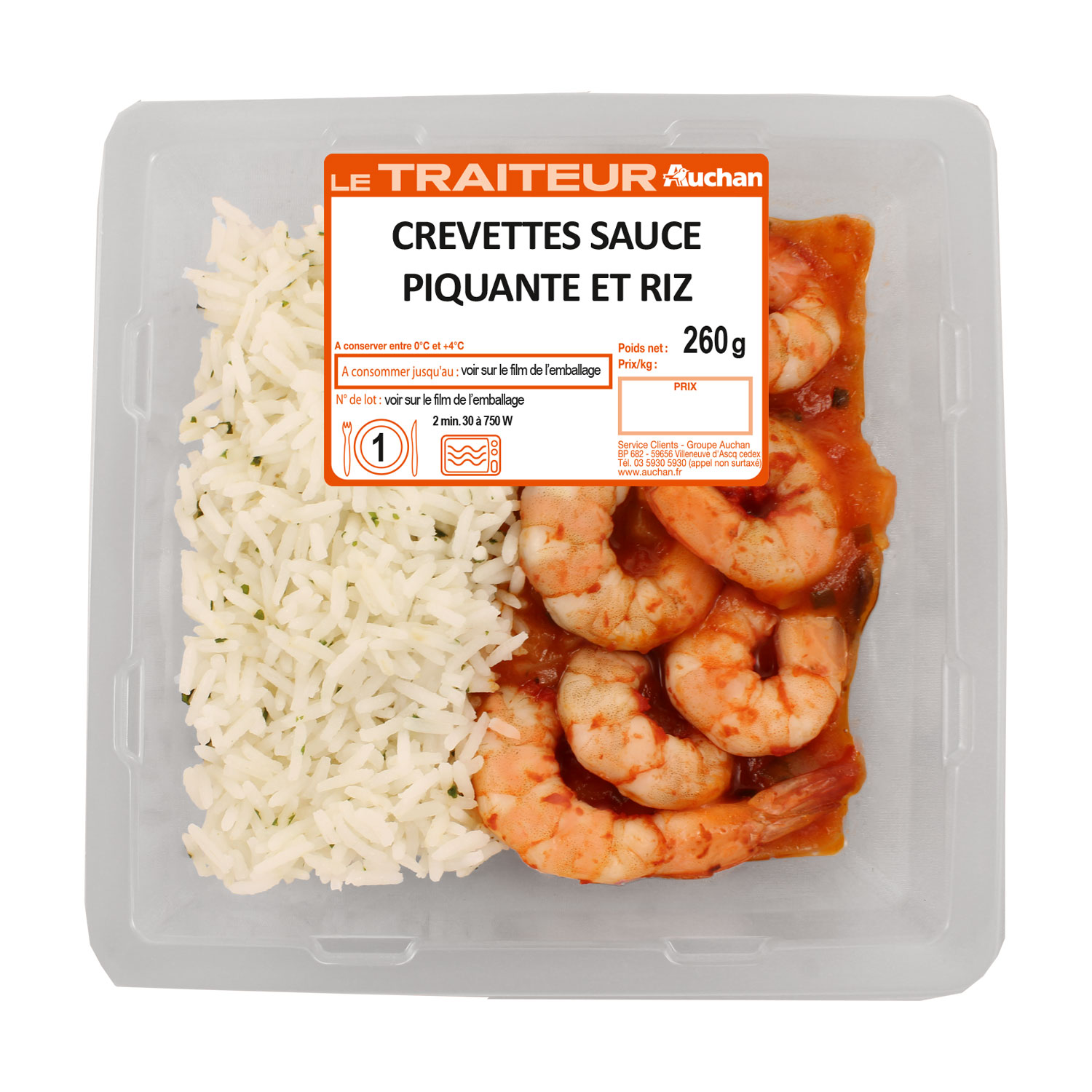 Voir la diapositive 2 : AUCHAN LE TRAITEUR Crevette sauce piquante 1 part 260g