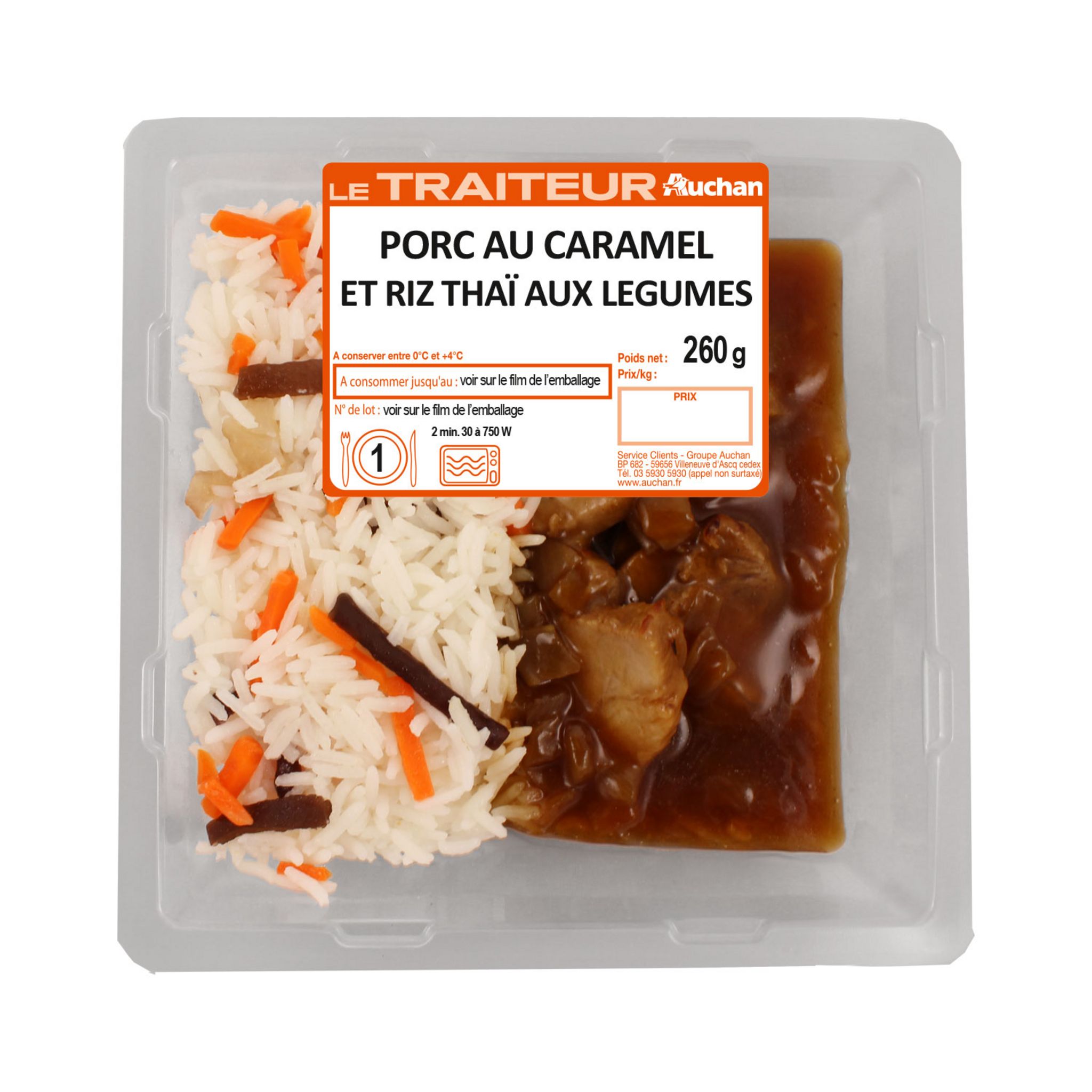 Voir la diapositive 2 : AUCHAN LE TRAITEUR Porc au caramel et riz thaï aux légumes 260g