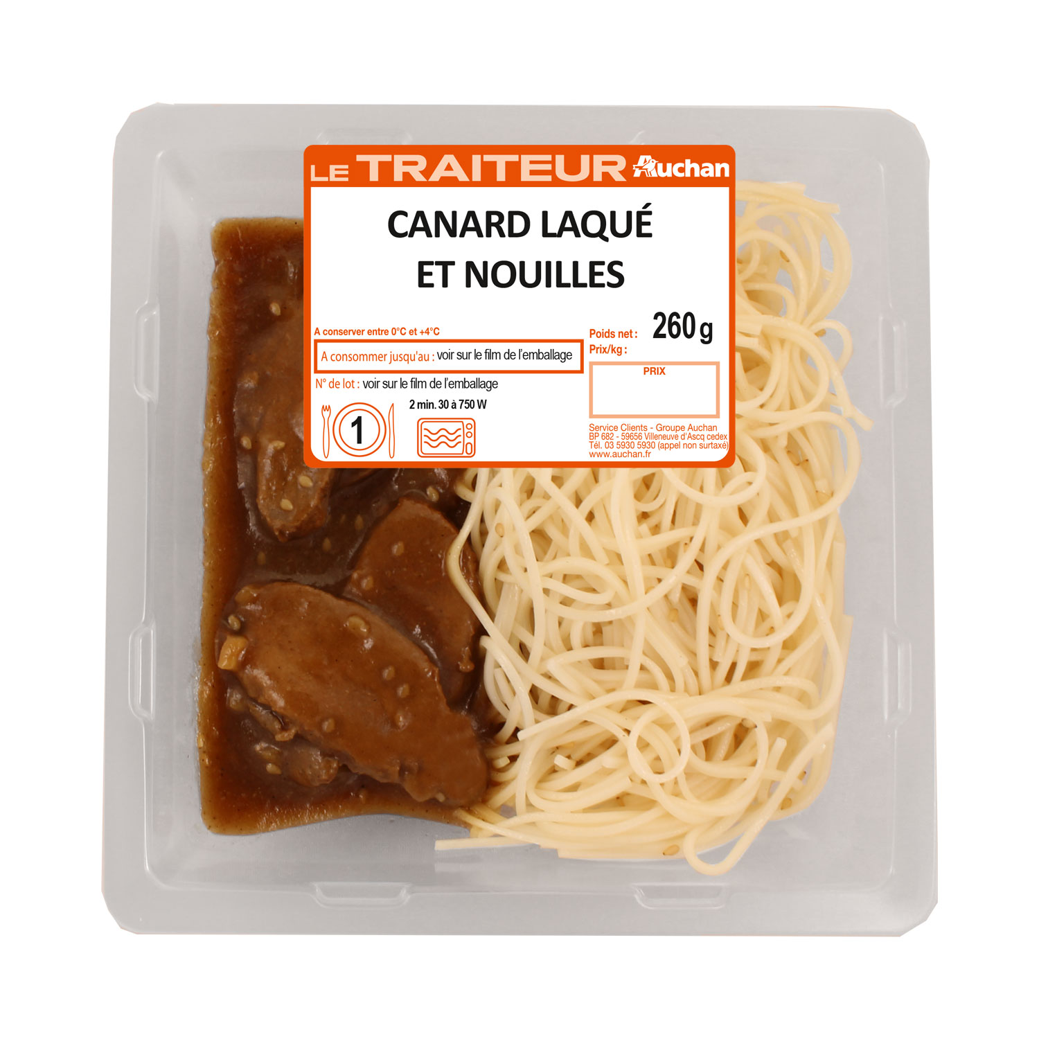 Voir la diapositive 2 : AUCHAN LE TRAITEUR Canard laqué et nouilles 260g