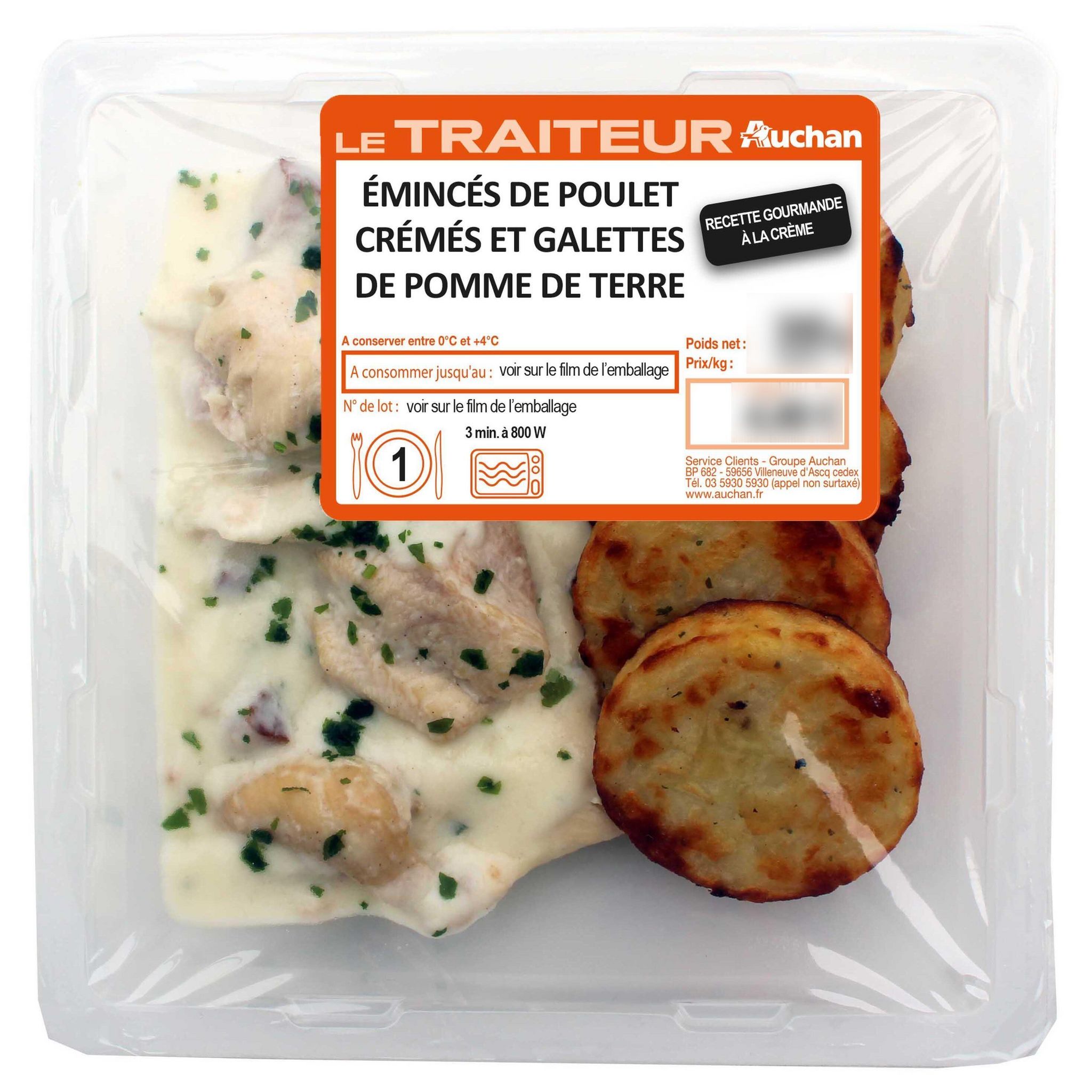 Voir la diapositive 2 : AUCHAN Emincés de poulet crémés et galettes de pomme de terre 1 part 300g