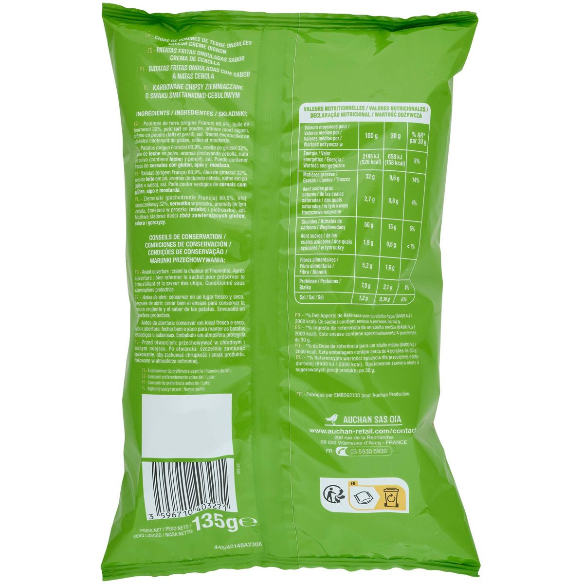 AUCHAN Chips ondulées saveur crème oignon 135g
