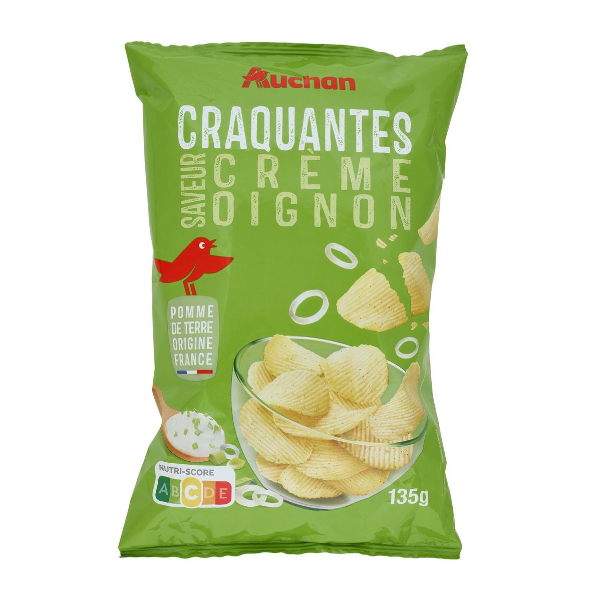 AUCHAN Chips ondulées saveur crème oignon 135g